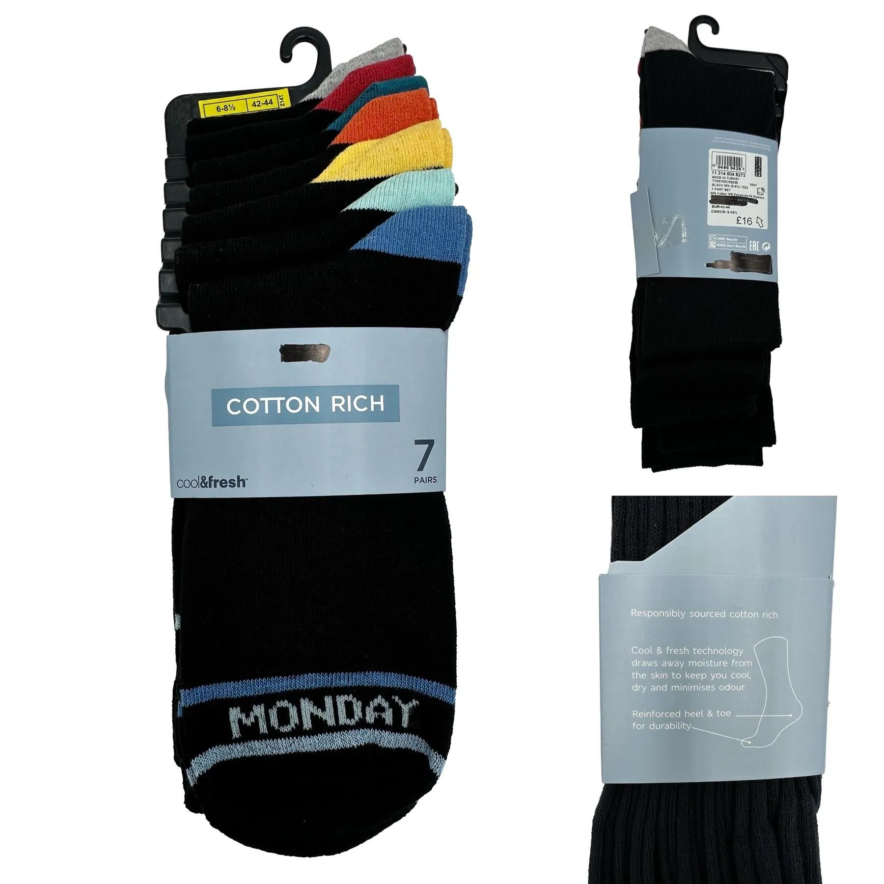 M&S Mens Socks 7 Pairs Cool & Fresh Fun Days of the Week Black Multi