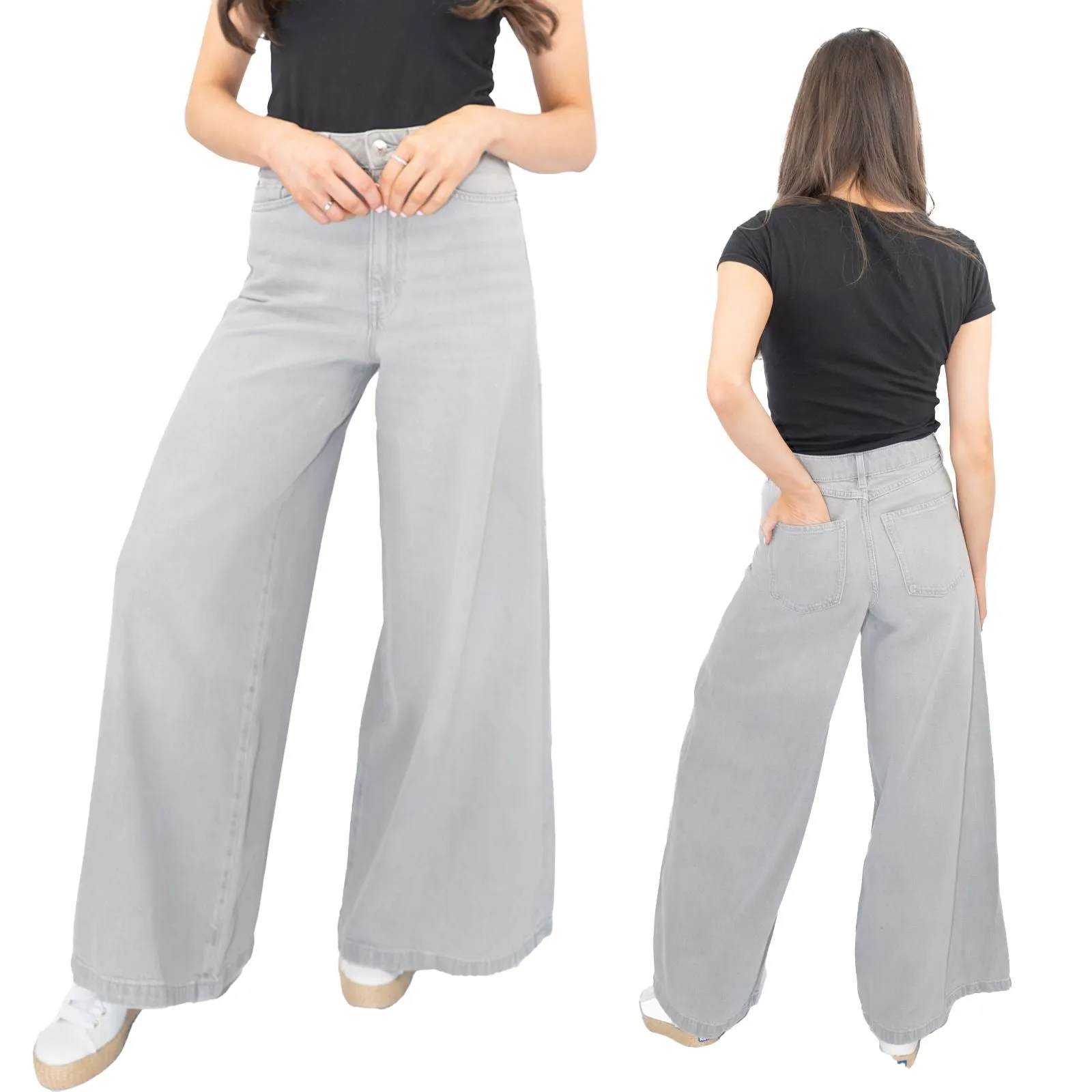 M&S Palazzo Jeans Wide Leg Lyocell Cotton Grey