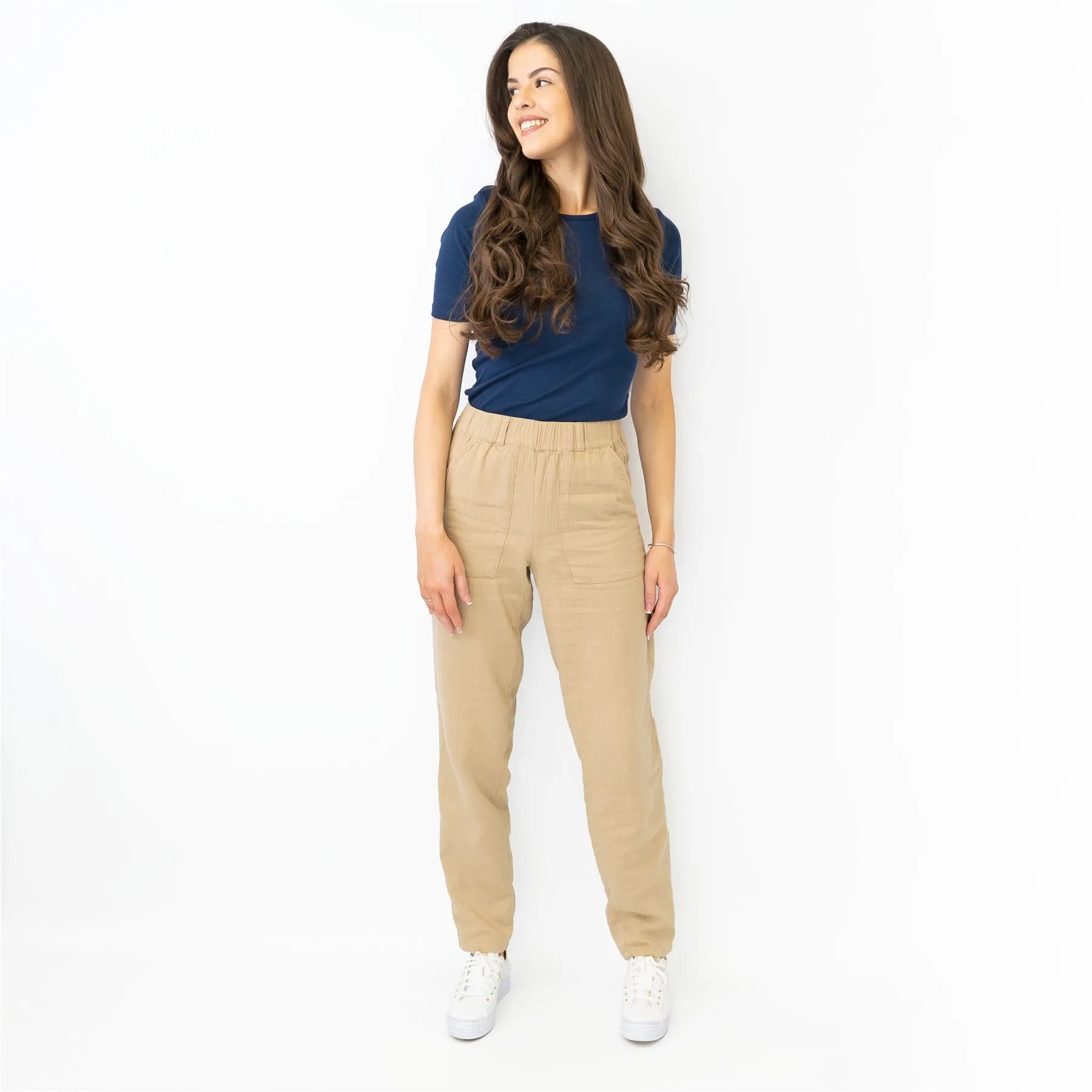 M&S Pure Cotton Tapered Ankle Grazer Elasticated Waist Beige Trousers