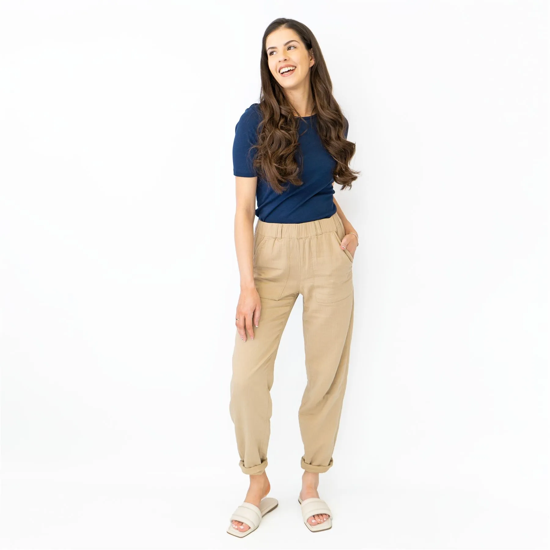 M&S Pure Cotton Tapered Ankle Grazer Elasticated Waist Beige Trousers