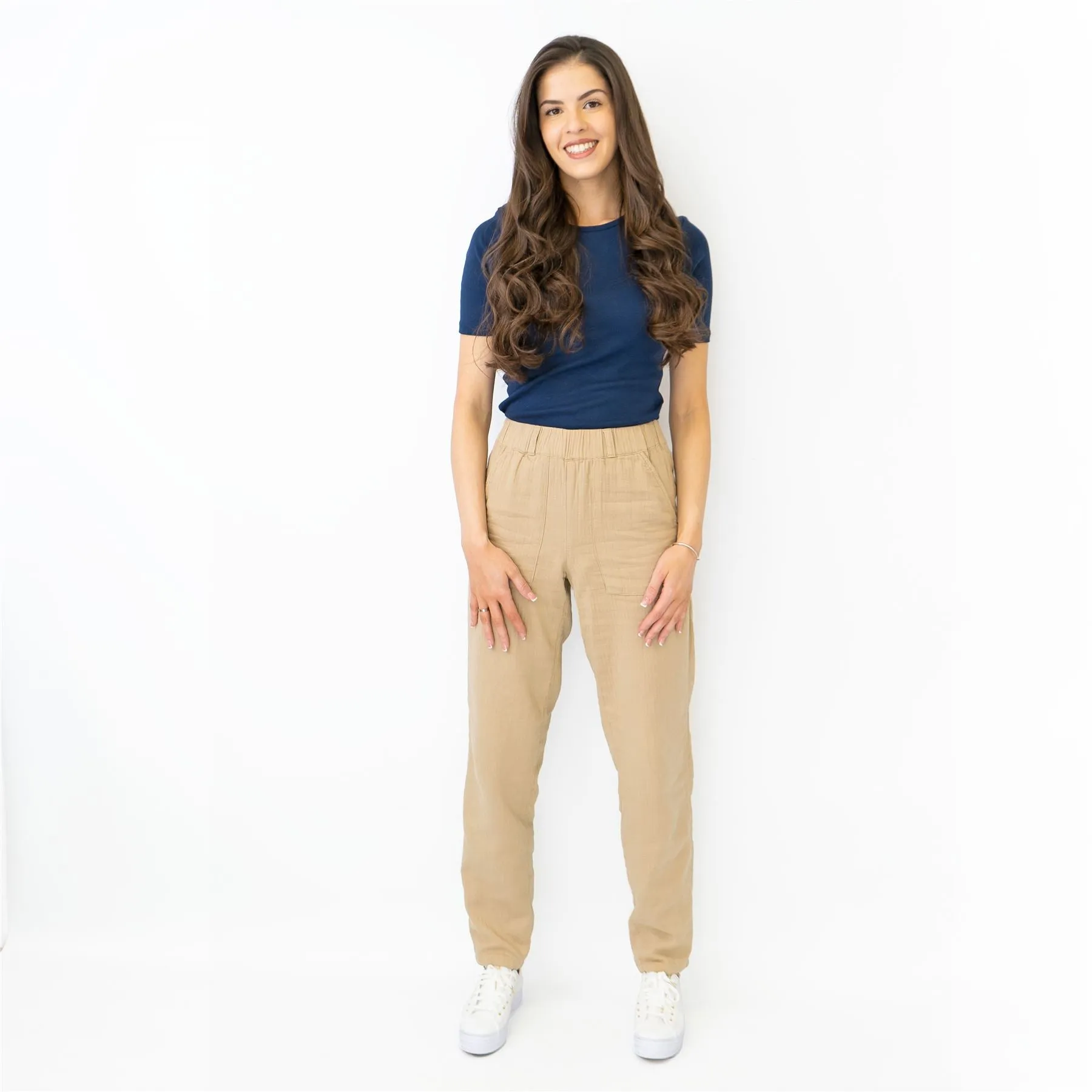 M&S Pure Cotton Tapered Ankle Grazer Elasticated Waist Beige Trousers