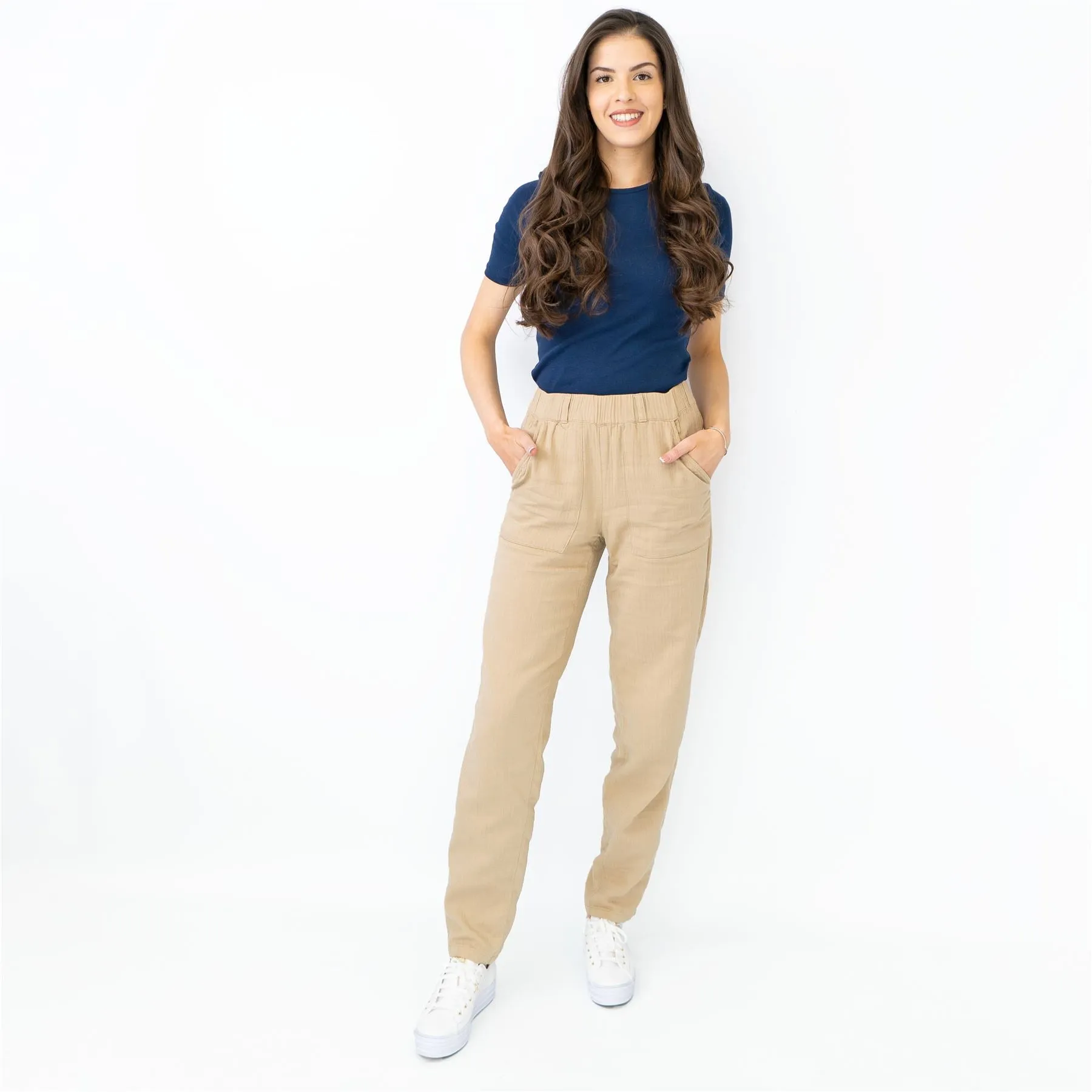 M&S Pure Cotton Tapered Ankle Grazer Elasticated Waist Beige Trousers