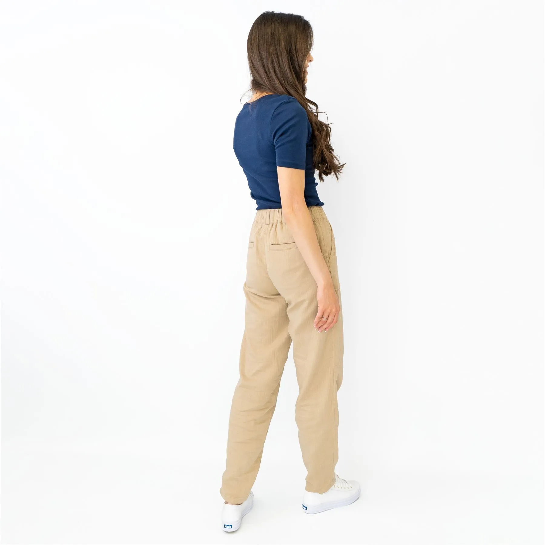 M&S Pure Cotton Tapered Ankle Grazer Elasticated Waist Beige Trousers