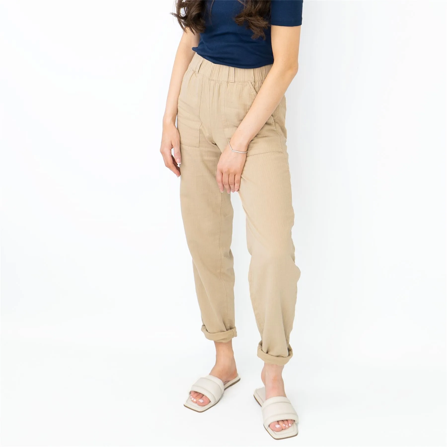 M&S Pure Cotton Tapered Ankle Grazer Elasticated Waist Beige Trousers