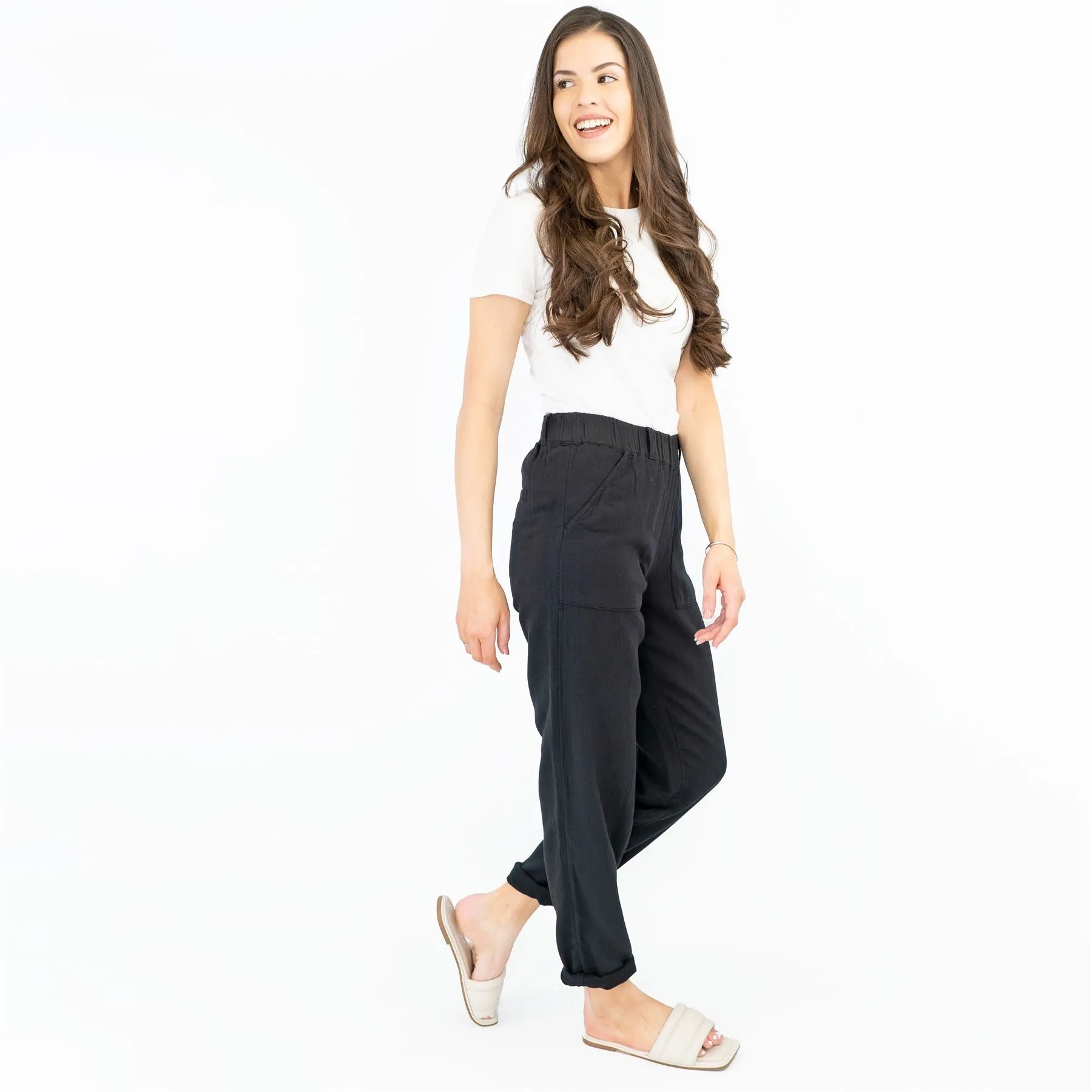 M&S Pure Cotton Tapered Ankle Grazer Elasticated Waist Black Trousers