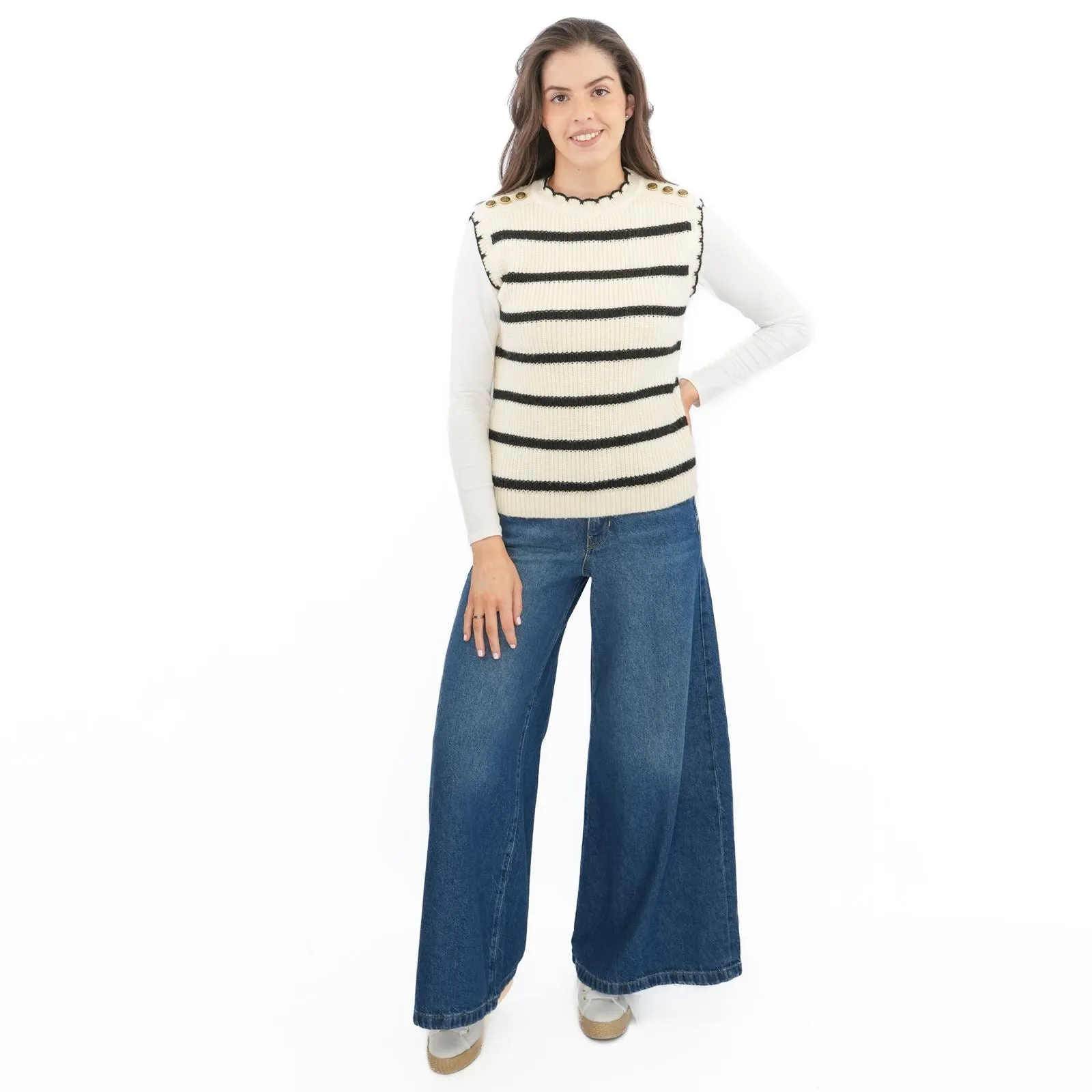 M&S Scalloped Crew Neck Button Detail Vest Tank Top
