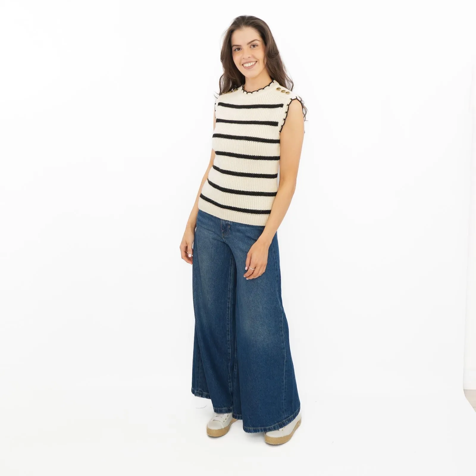 M&S Scalloped Crew Neck Button Detail Vest Tank Top