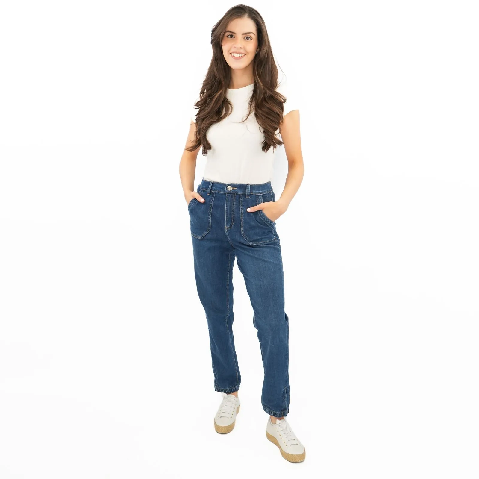 M&S Slim Leg Ankle Grazer Stretch Elasticated Cuff Dark Blue Jeans