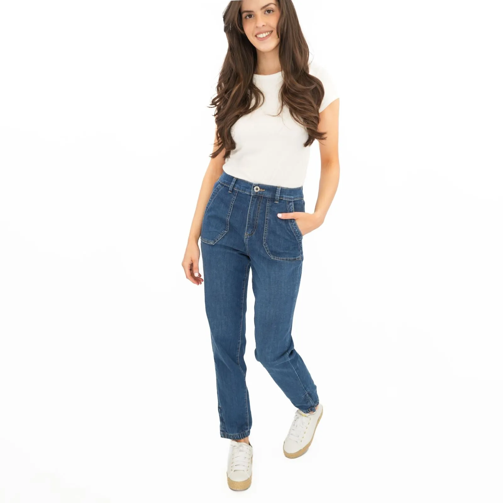 M&S Slim Leg Ankle Grazer Stretch Elasticated Cuff Dark Blue Jeans