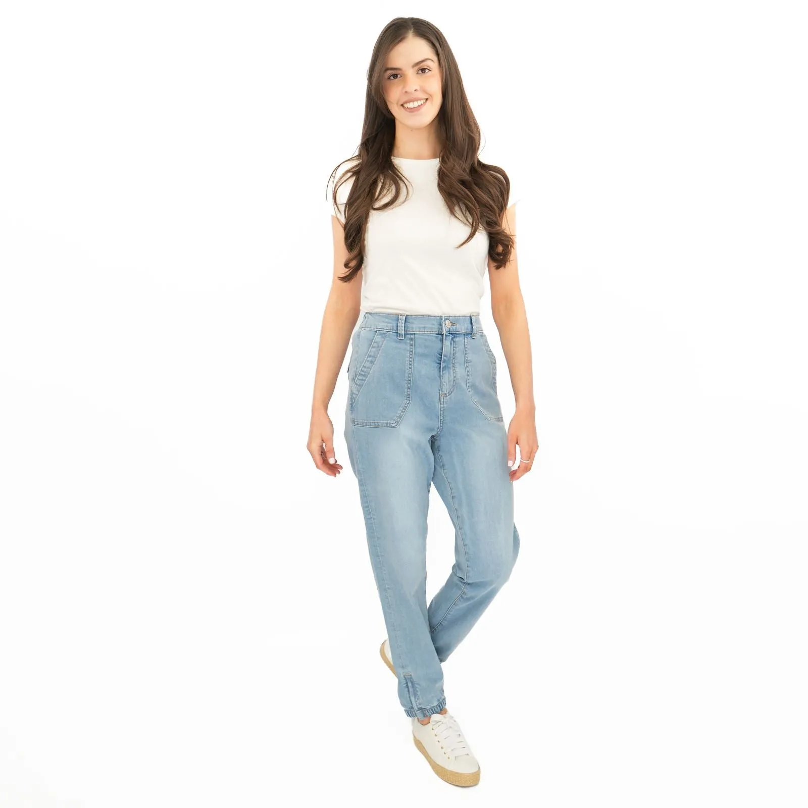 M&S Slim Leg Ankle Grazer Stretch Elasticated Cuff Light Blue Jeans