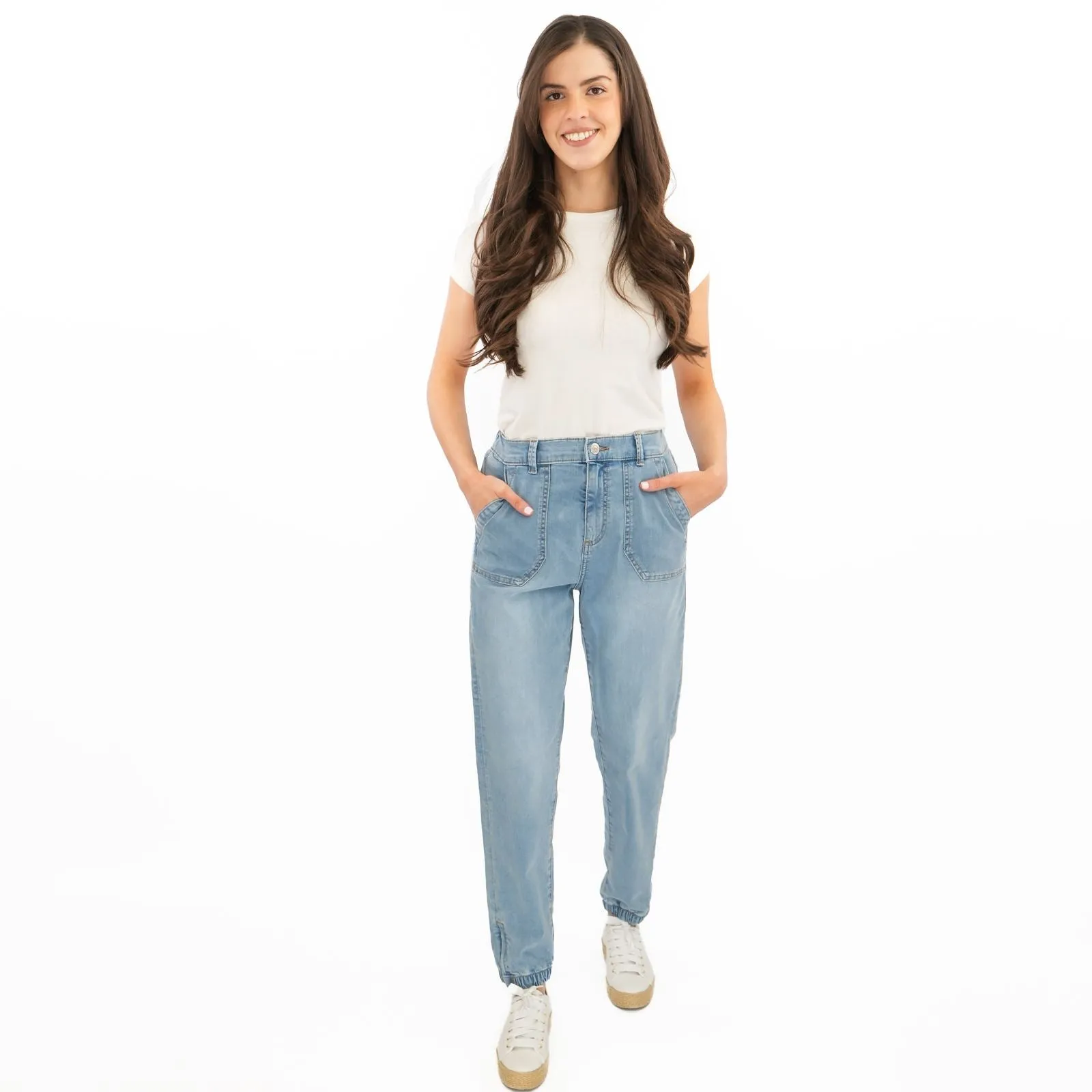 M&S Slim Leg Ankle Grazer Stretch Elasticated Cuff Light Blue Jeans