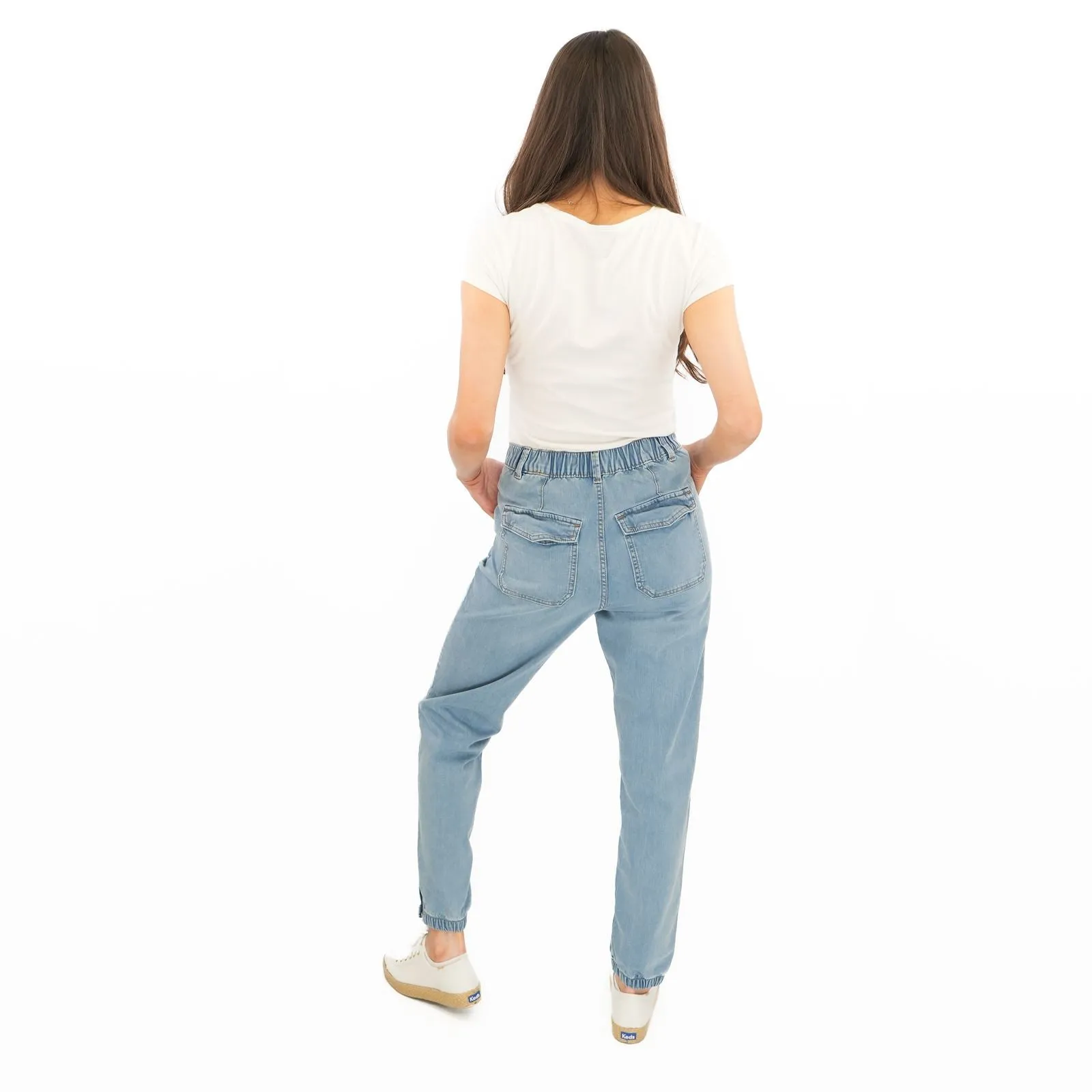 M&S Slim Leg Ankle Grazer Stretch Elasticated Cuff Light Blue Jeans