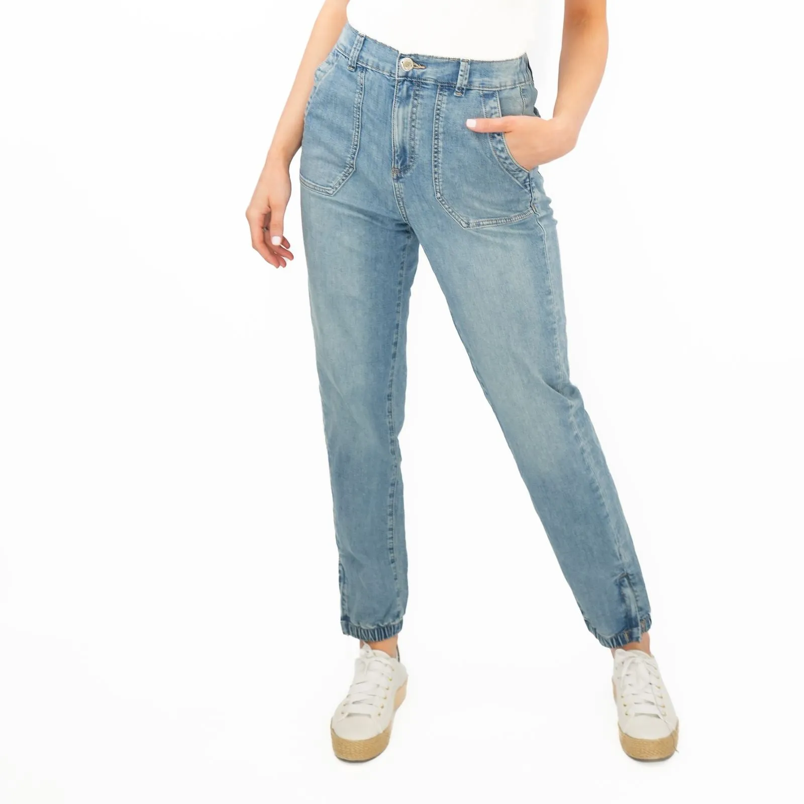 M&S Slim Leg Ankle Grazer Stretch Elasticated Cuff Mid Blue Jeans