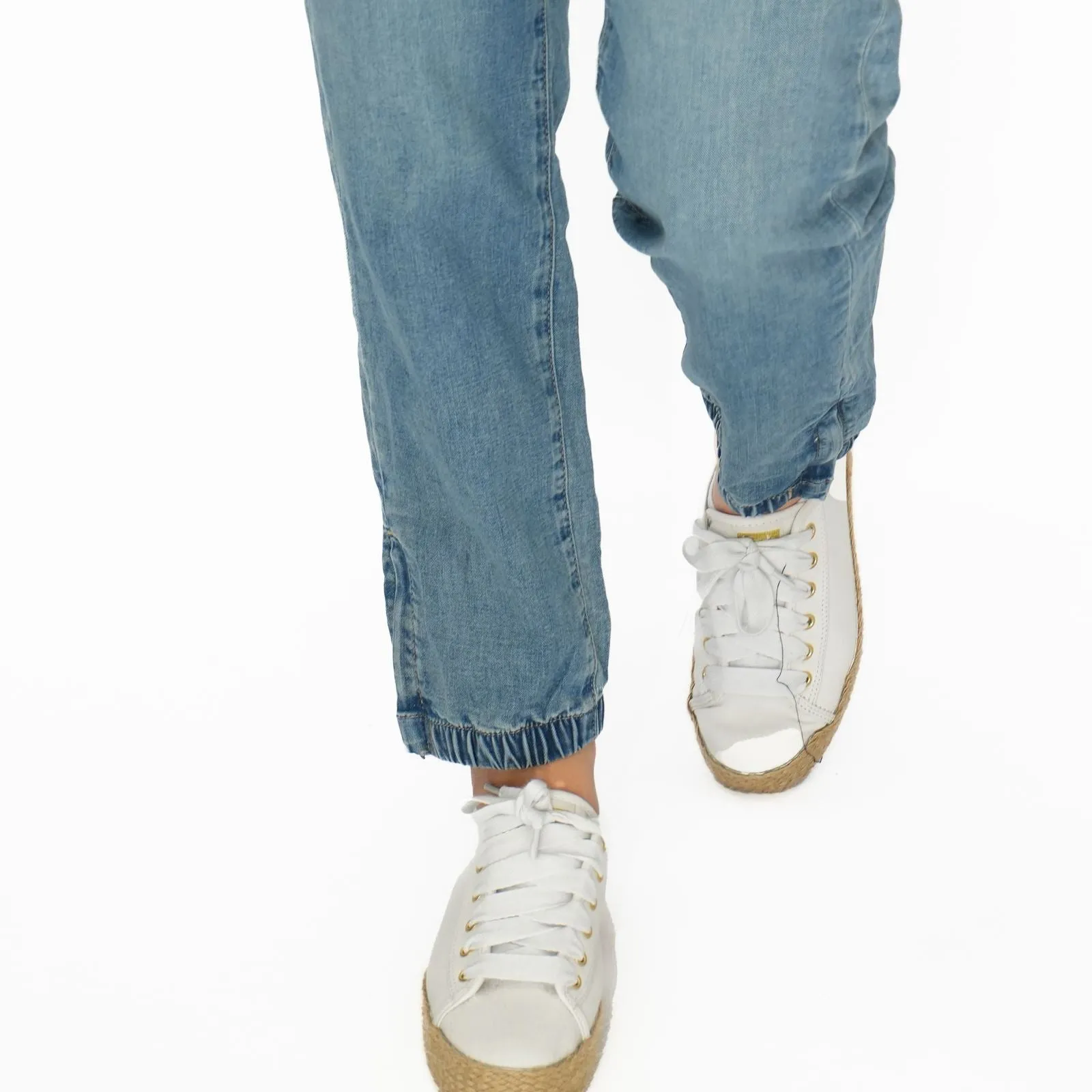 M&S Slim Leg Ankle Grazer Stretch Elasticated Cuff Mid Blue Jeans