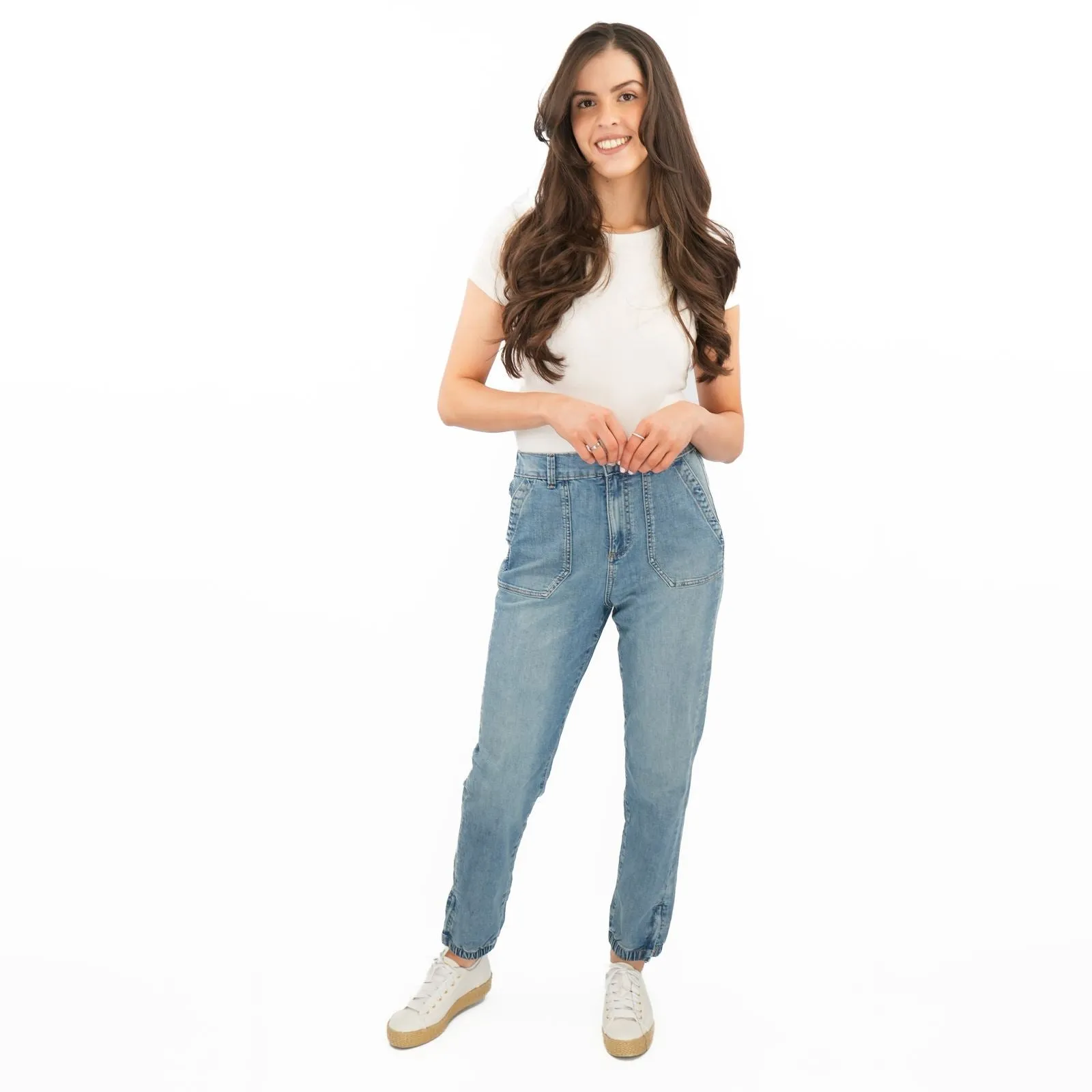 M&S Slim Leg Ankle Grazer Stretch Elasticated Cuff Mid Blue Jeans