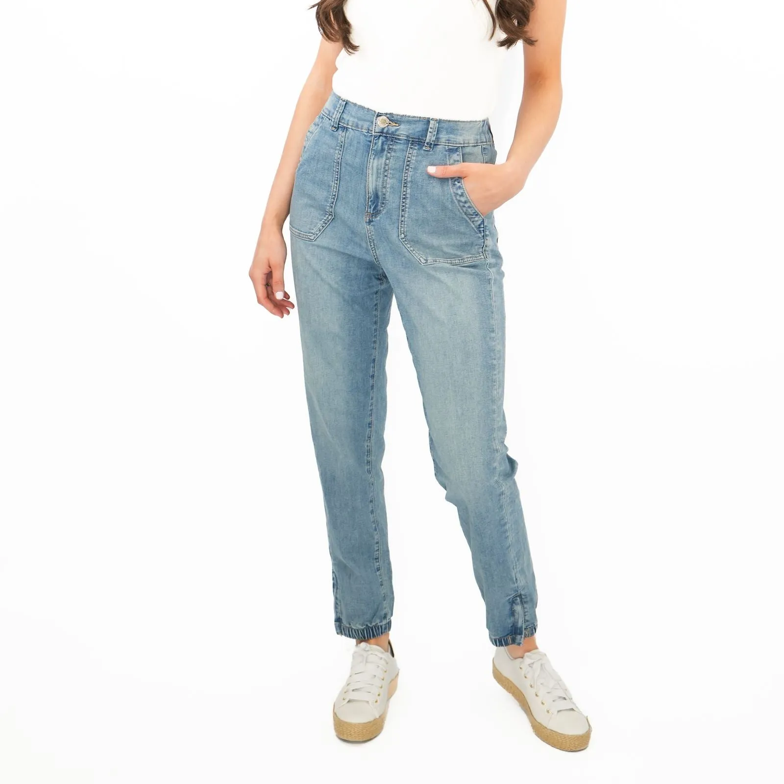 M&S Slim Leg Ankle Grazer Stretch Elasticated Cuff Mid Blue Jeans