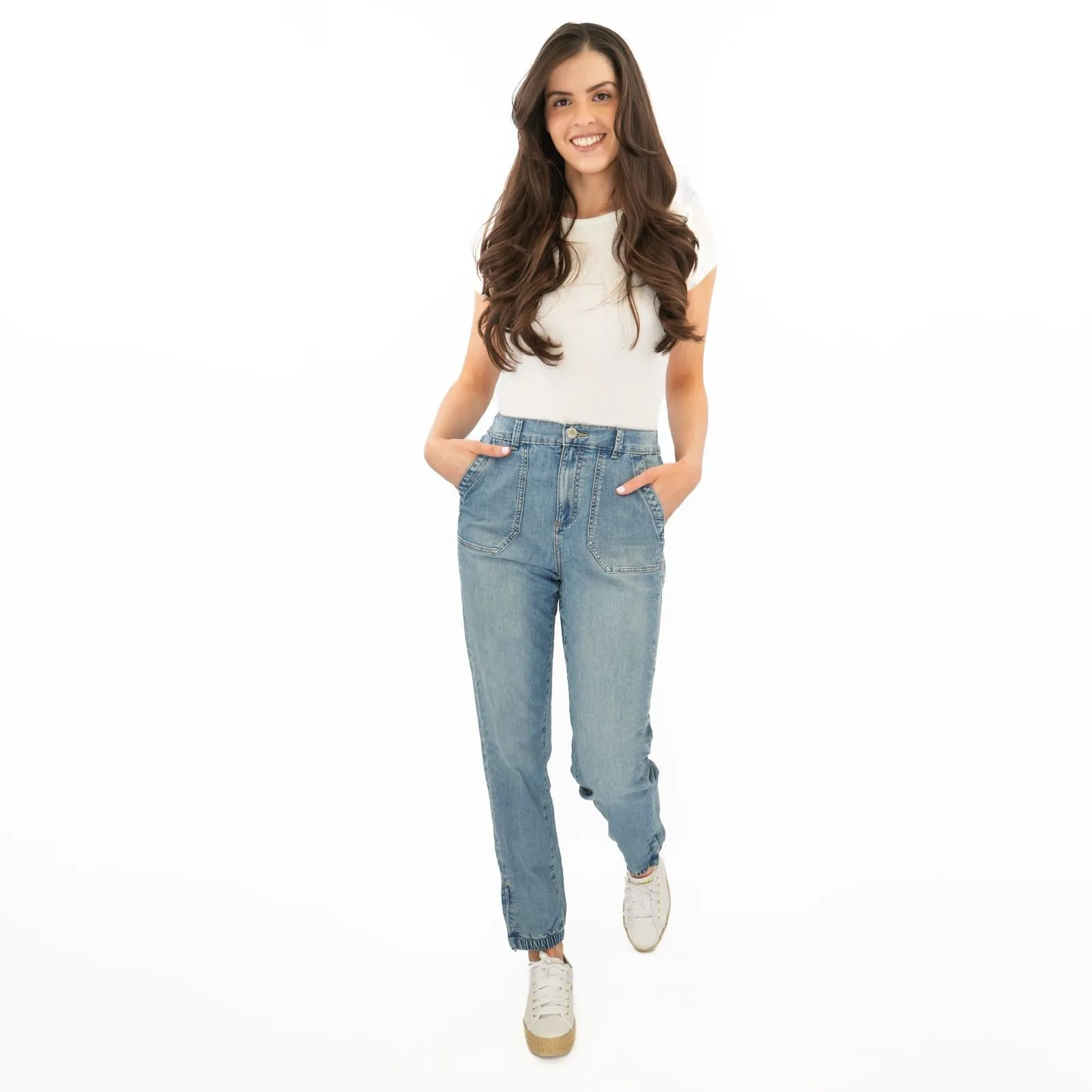 M&S Slim Leg Ankle Grazer Stretch Elasticated Cuff Mid Blue Jeans