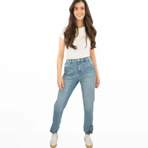 M&S Slim Leg Ankle Grazer Stretch Elasticated Cuff Mid Blue Jeans