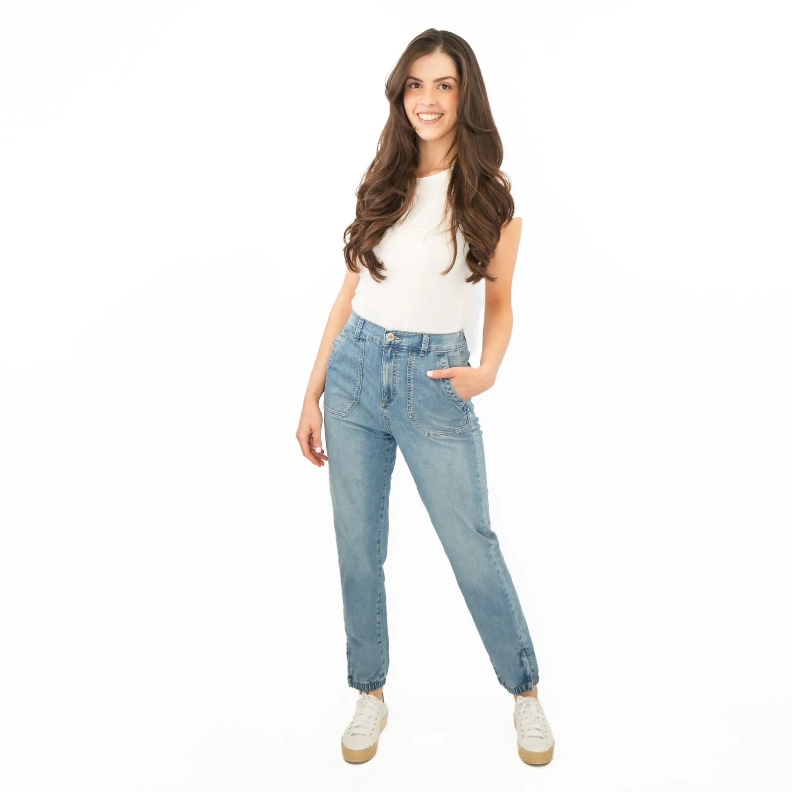 M&S Slim Leg Ankle Grazer Stretch Elasticated Cuff Mid Blue Jeans