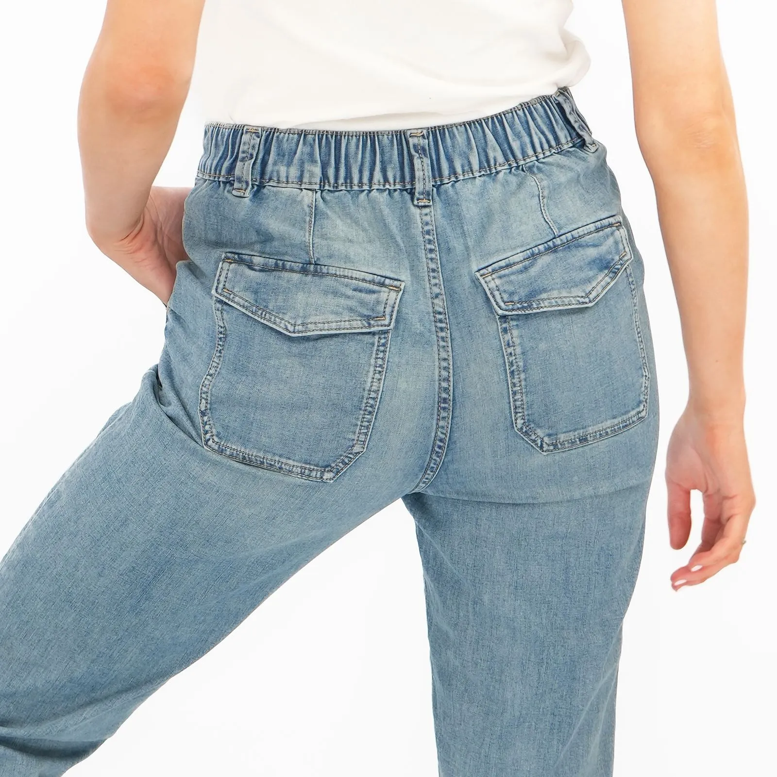 M&S Slim Leg Ankle Grazer Stretch Elasticated Cuff Mid Blue Jeans