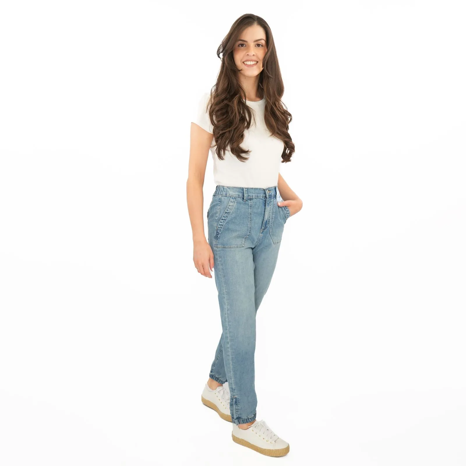 M&S Slim Leg Ankle Grazer Stretch Elasticated Cuff Mid Blue Jeans