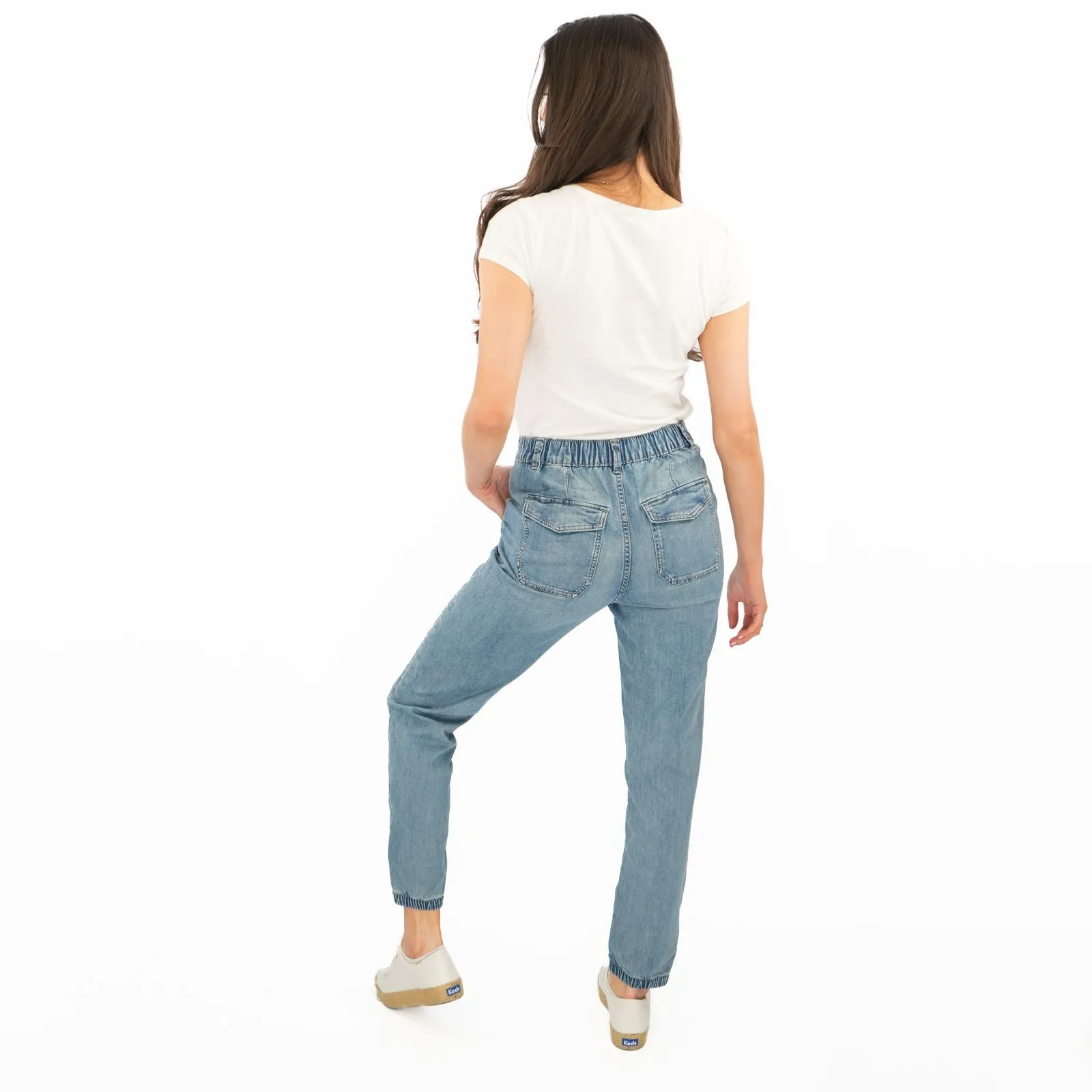 M&S Slim Leg Ankle Grazer Stretch Elasticated Cuff Mid Blue Jeans