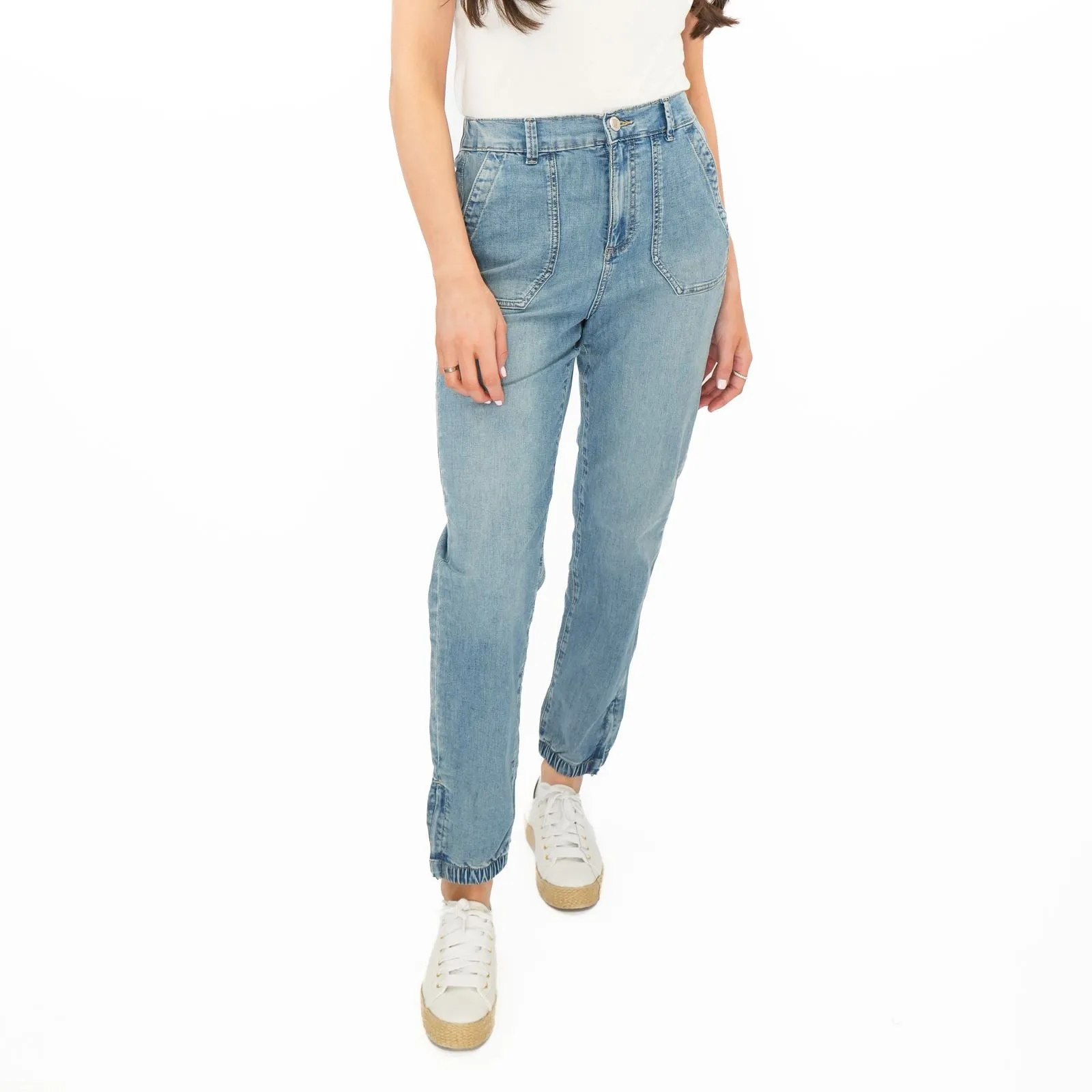 M&S Slim Leg Ankle Grazer Stretch Elasticated Cuff Mid Blue Jeans