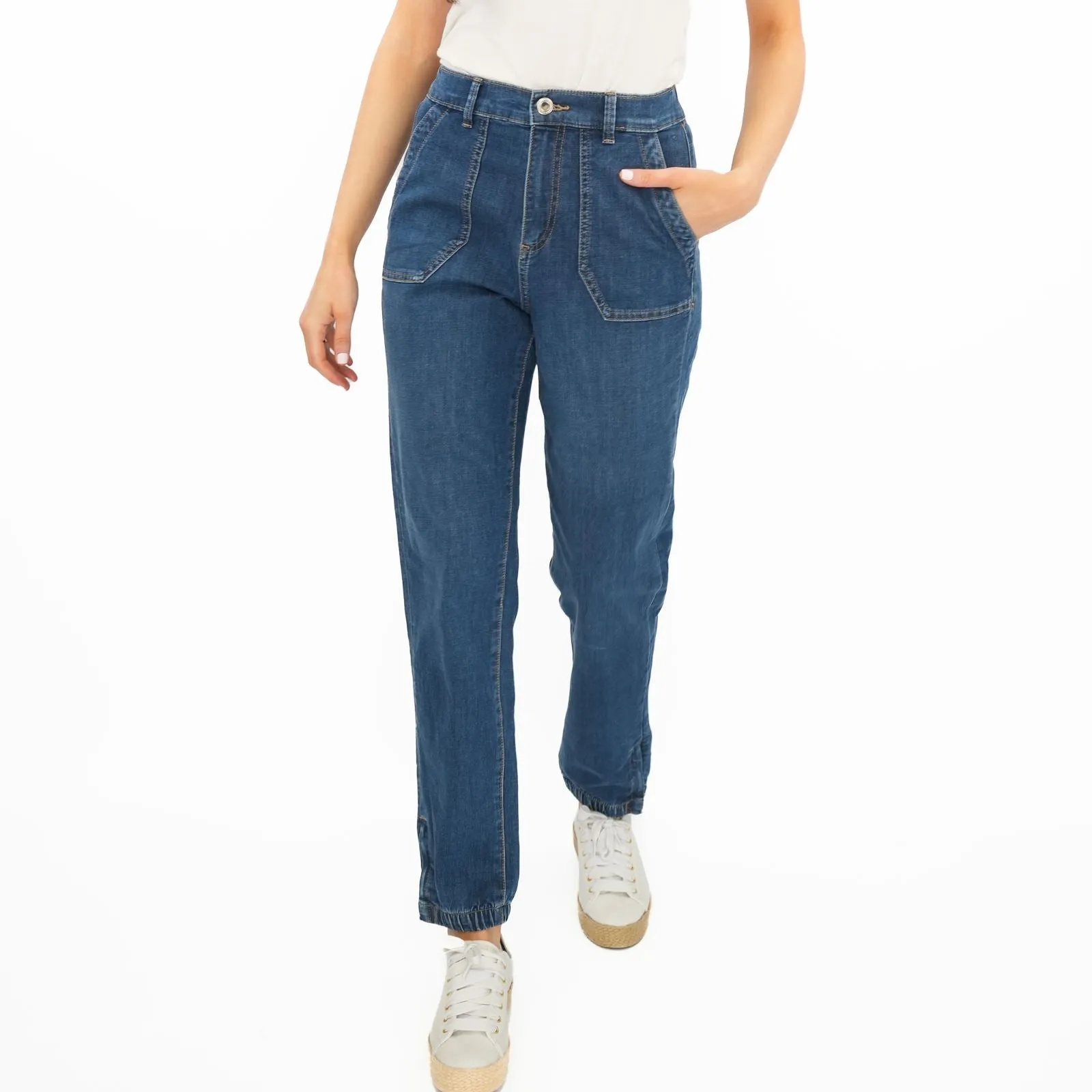 M&S Slim Leg Ankle Grazer Stretch Elasticated Cuff Mid Blue Jeans