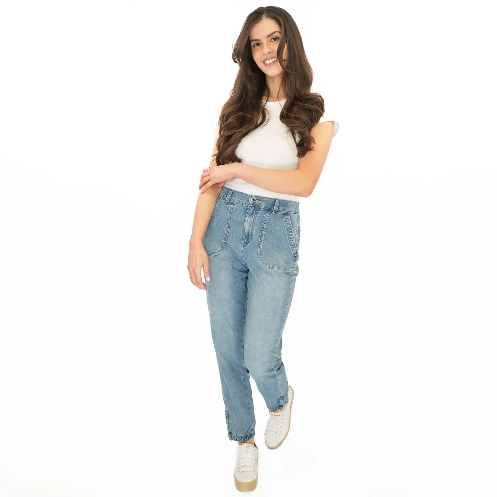 M&S Slim Leg Ankle Grazer Stretch Elasticated Cuff Mid Blue Jeans