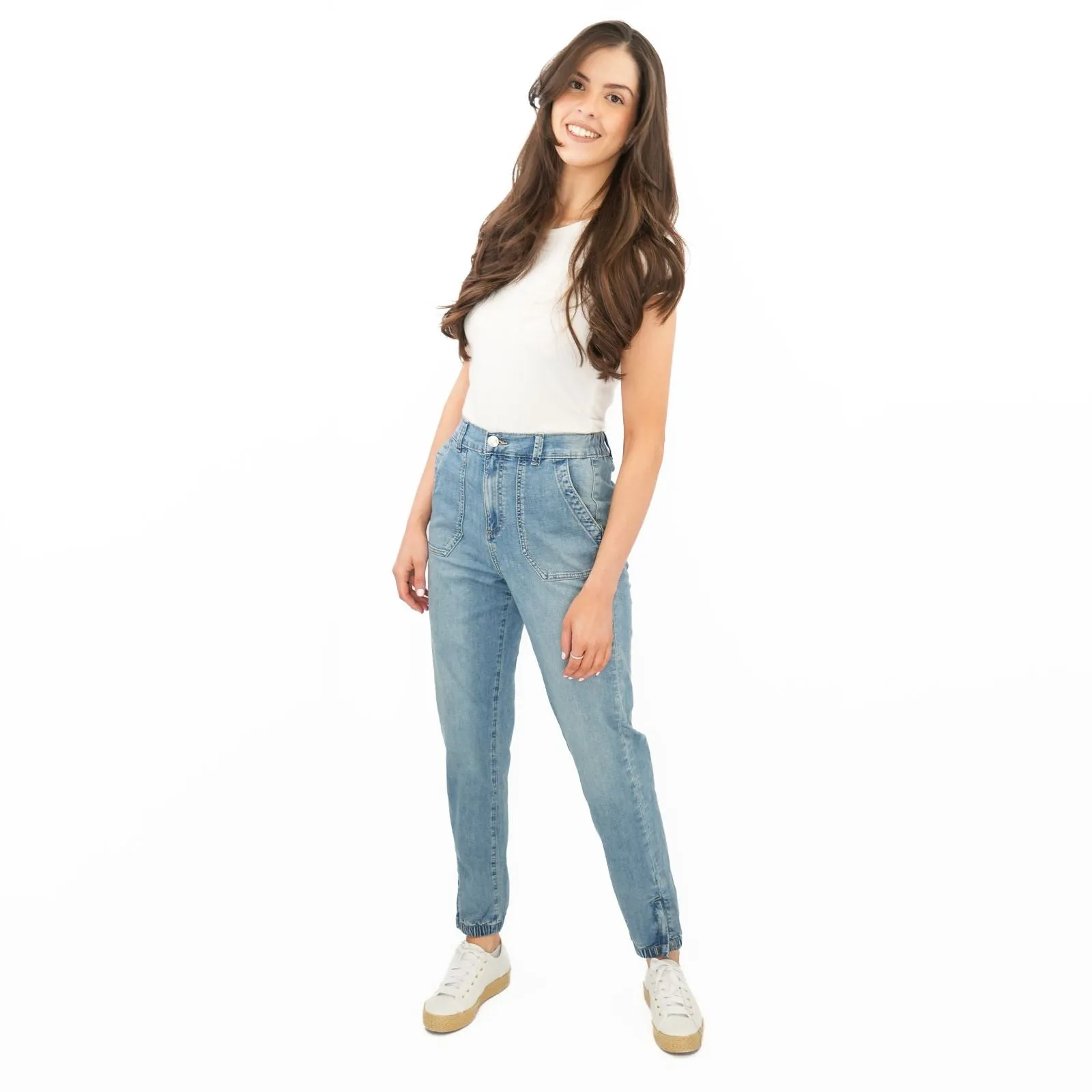 M&S Slim Leg Ankle Grazer Stretch Elasticated Cuff Mid Blue Jeans