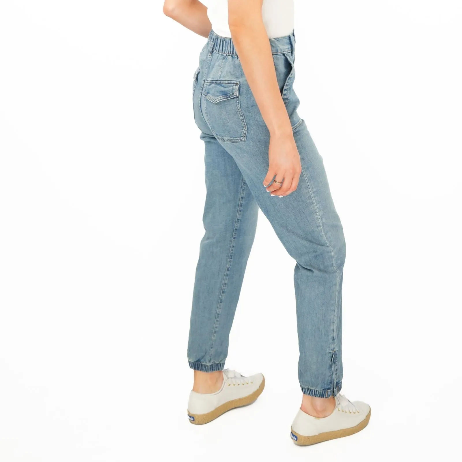 M&S Slim Leg Ankle Grazer Stretch Elasticated Cuff Mid Blue Jeans
