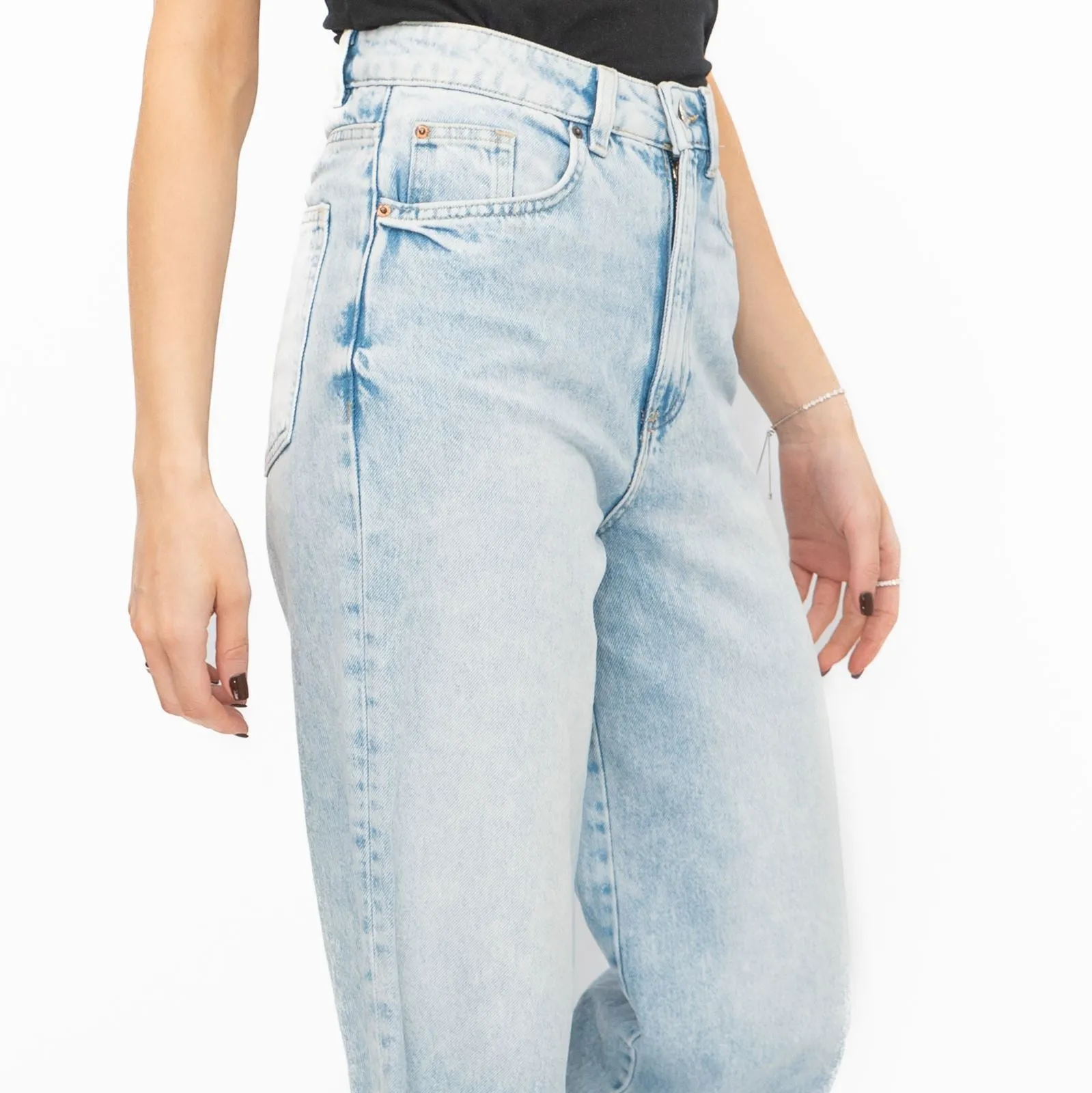 M&S Womens Cropped Jeans Wide Leg High Waist Raw Hem Blue Light Denim