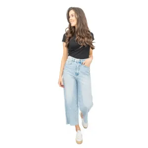 M&S Womens Cropped Jeans Wide Leg High Waist Raw Hem Blue Light Denim