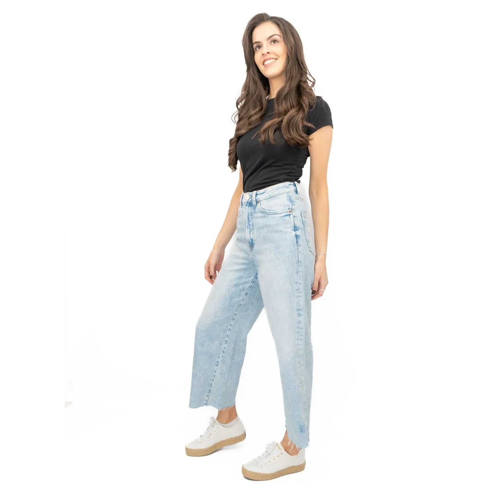 M&S Womens Cropped Jeans Wide Leg High Waist Raw Hem Blue Light Denim