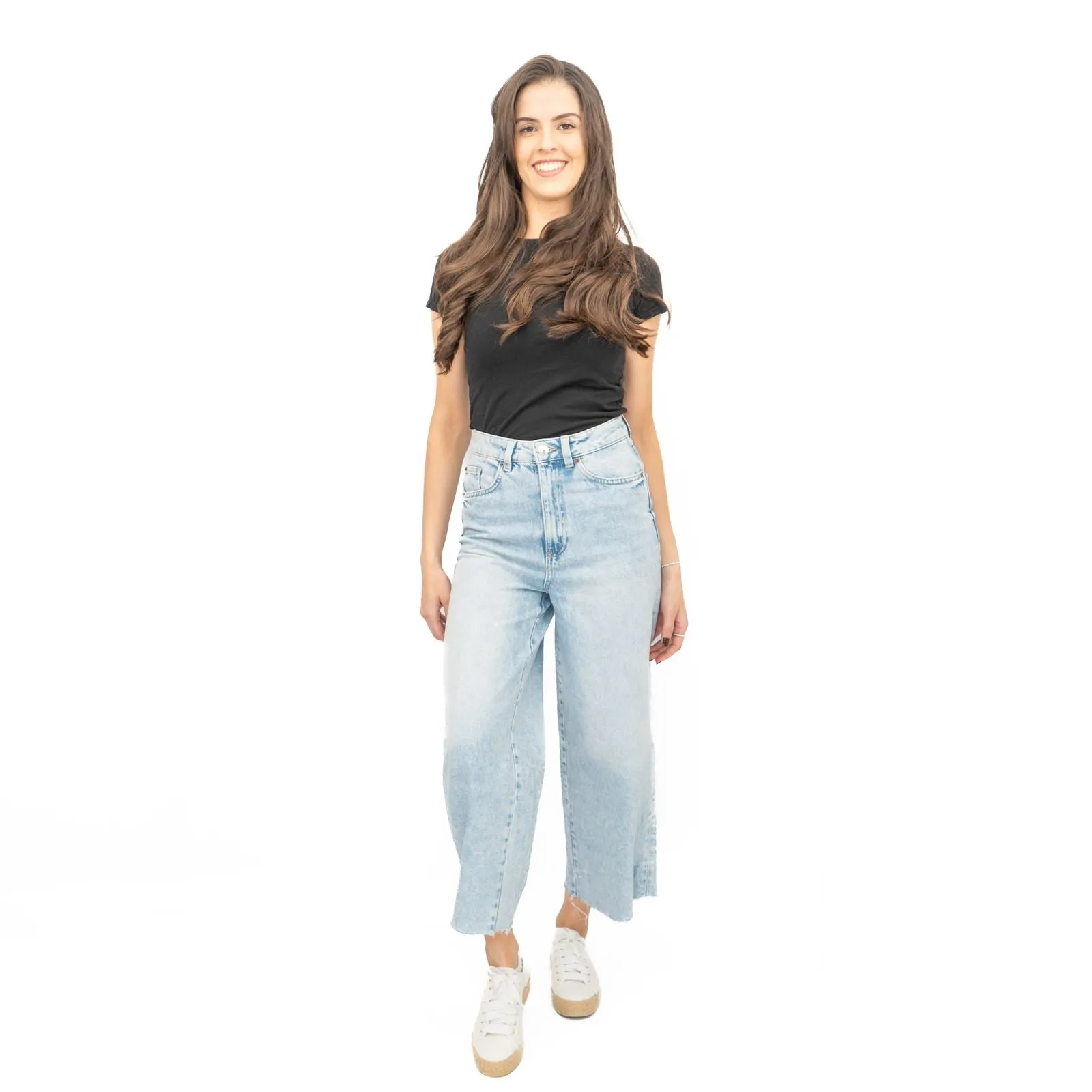 M&S Womens Cropped Jeans Wide Leg High Waist Raw Hem Blue Light Denim