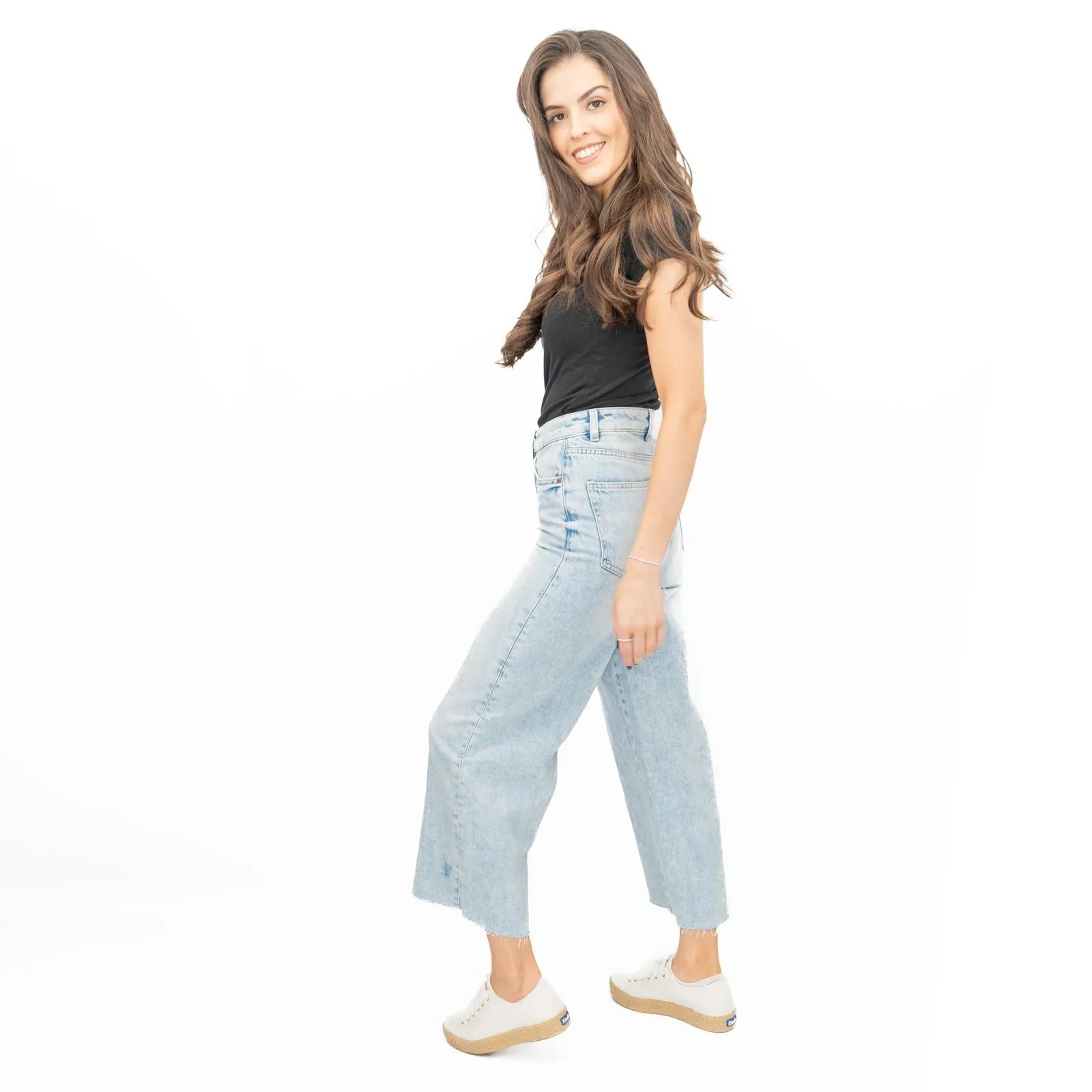M&S Womens Cropped Jeans Wide Leg High Waist Raw Hem Blue Light Denim