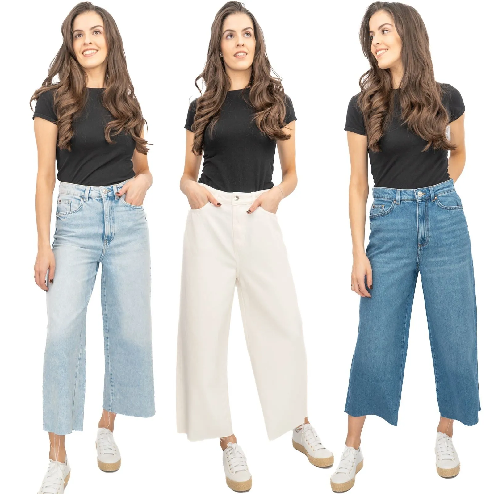 M&S Womens Cropped Jeans Wide Leg High Waist Raw Hem Blue Light Denim