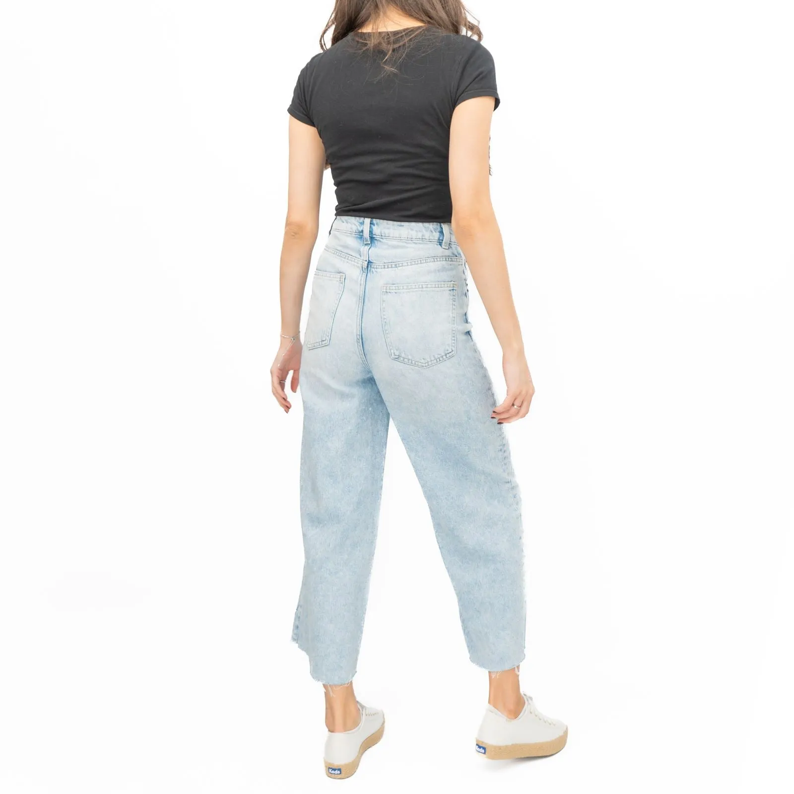 M&S Womens Cropped Jeans Wide Leg High Waist Raw Hem Blue Light Denim