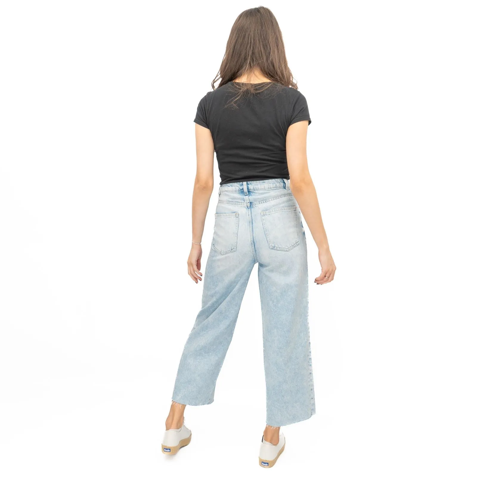 M&S Womens Cropped Jeans Wide Leg High Waist Raw Hem Blue Light Denim