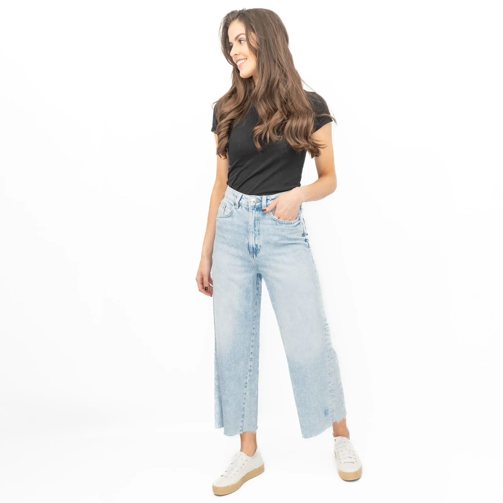 M&S Womens Cropped Jeans Wide Leg High Waist Raw Hem Blue Light Denim