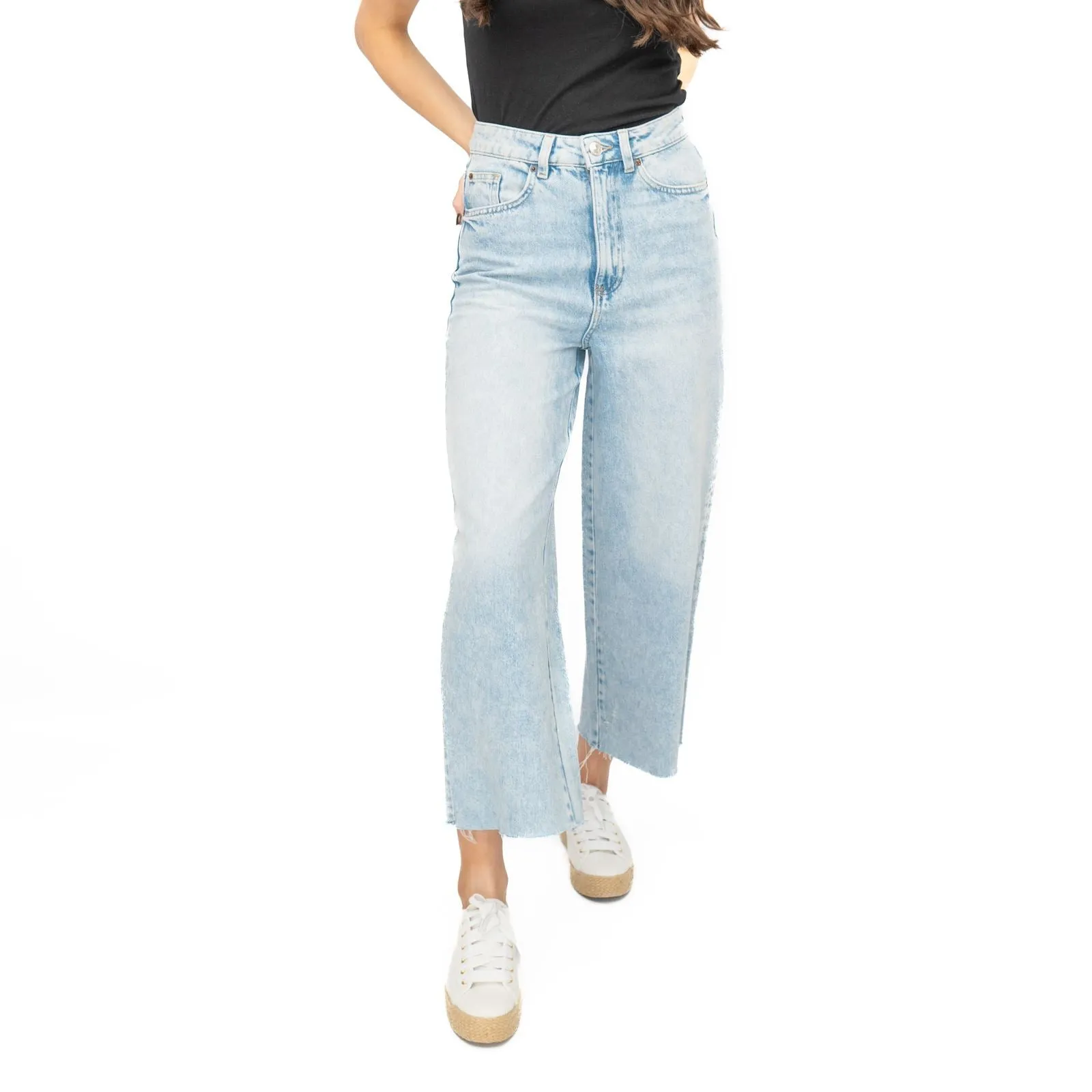 M&S Womens Cropped Jeans Wide Leg High Waist Raw Hem Blue Light Denim