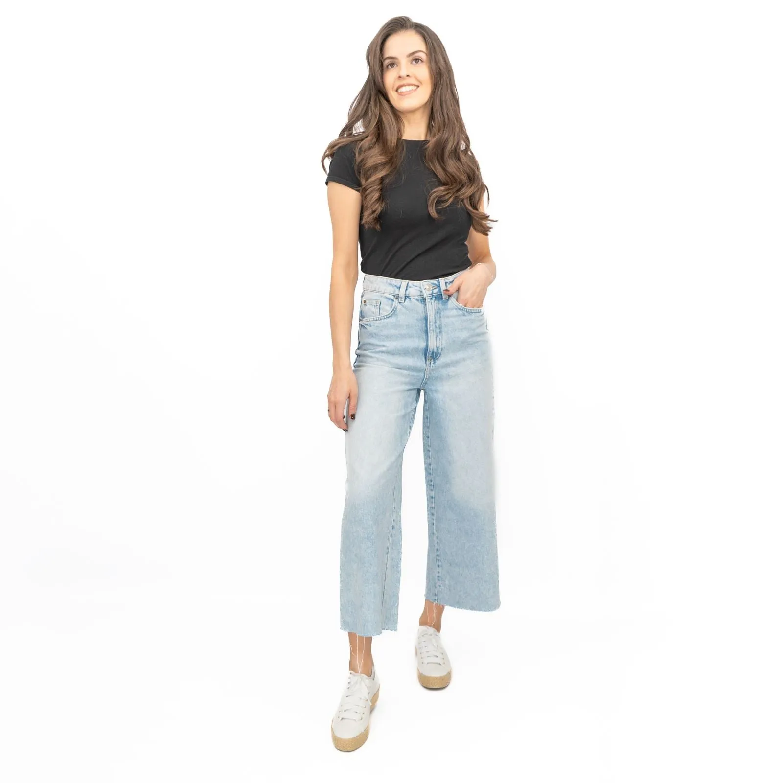 M&S Womens Cropped Jeans Wide Leg High Waist Raw Hem Blue Light Denim