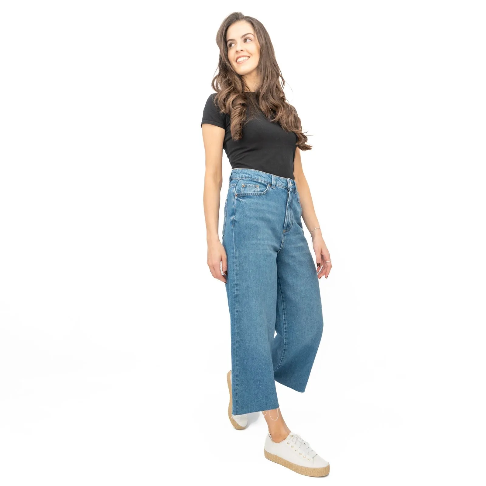 M&S Womens Cropped Jeans Wide Leg High Waist Raw Hem Mid Blue Denim