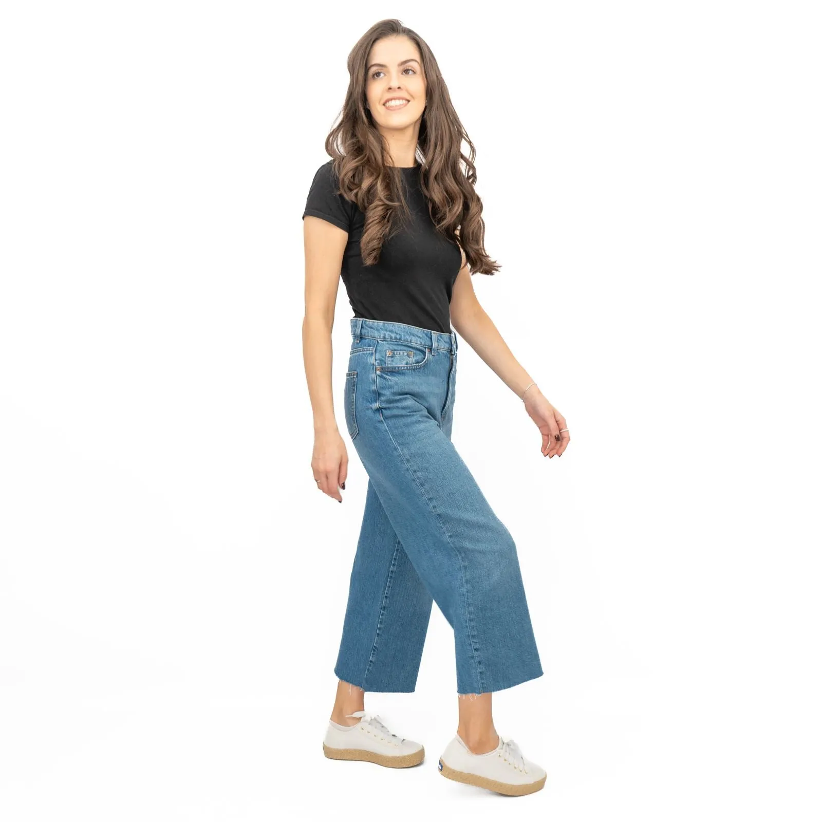 M&S Womens Cropped Jeans Wide Leg High Waist Raw Hem Mid Blue Denim