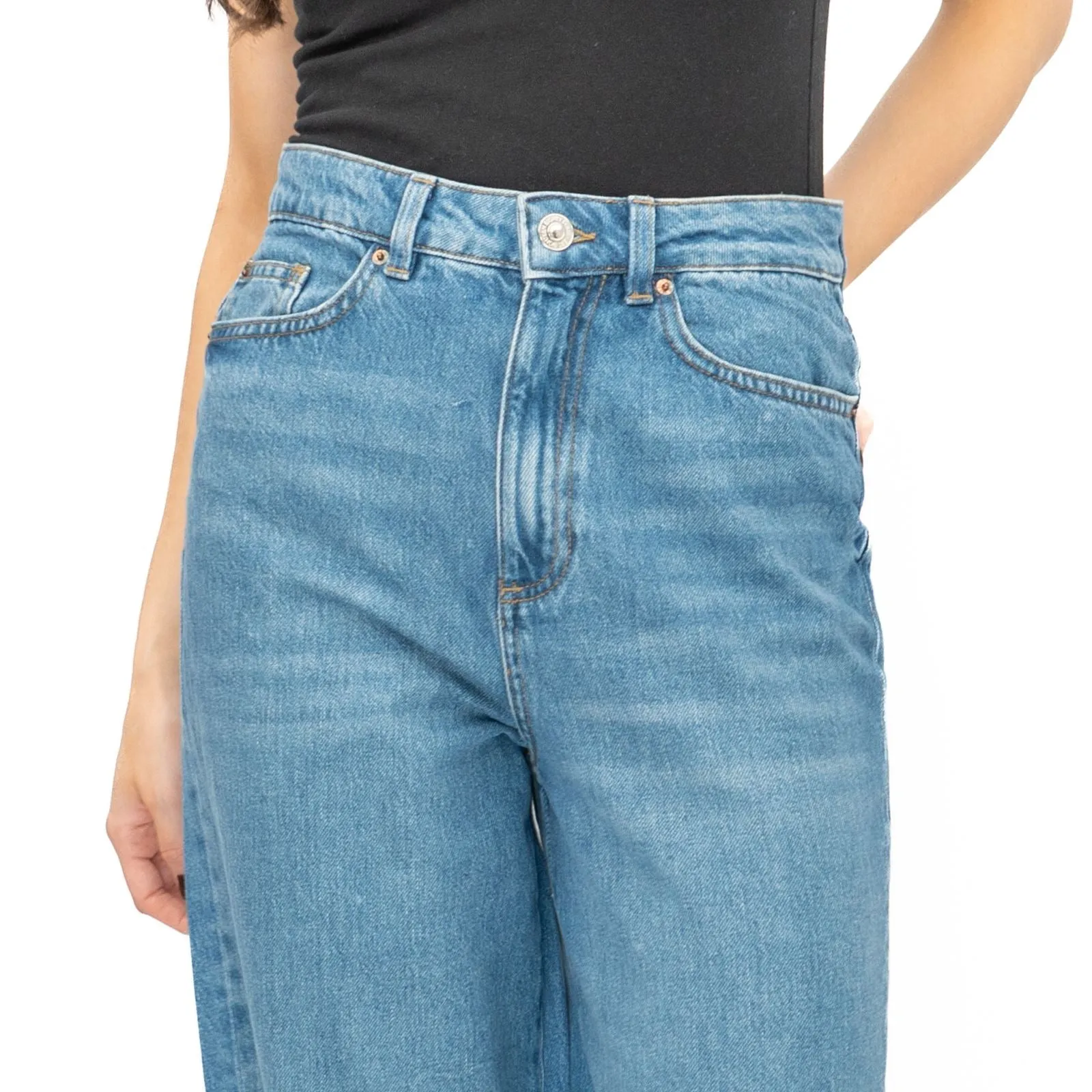 M&S Womens Cropped Jeans Wide Leg High Waist Raw Hem Mid Blue Denim