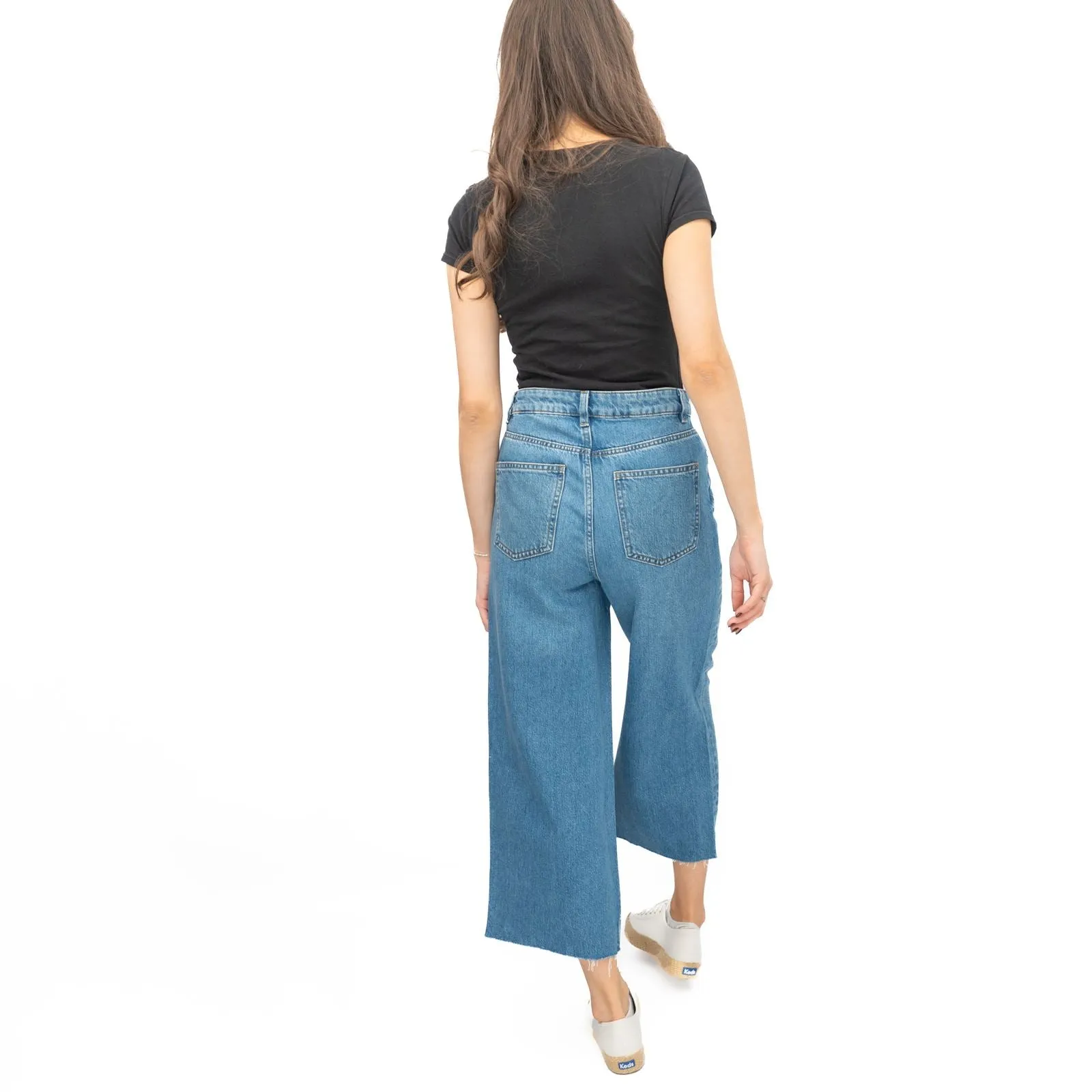 M&S Womens Cropped Jeans Wide Leg High Waist Raw Hem Mid Blue Denim