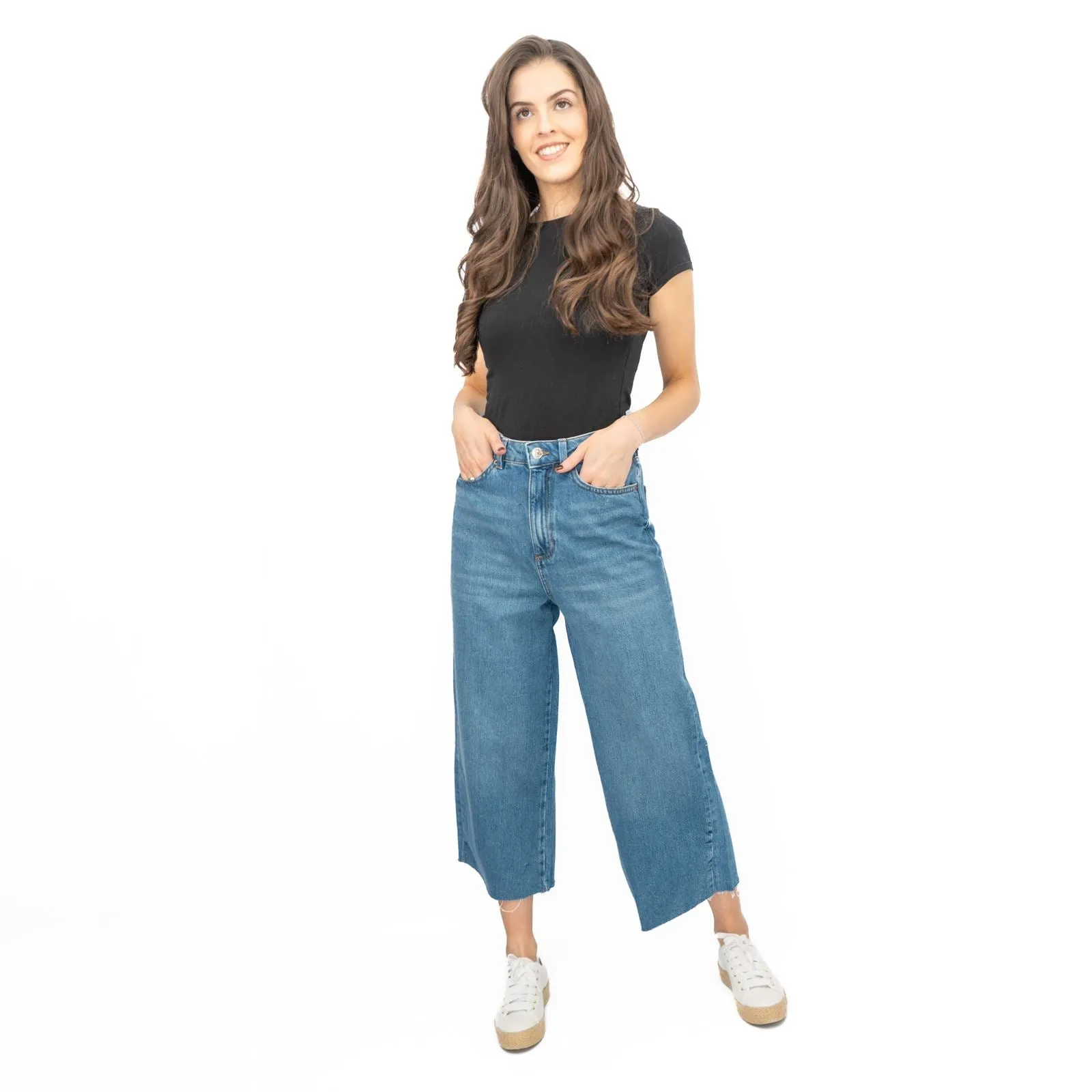 M&S Womens Cropped Jeans Wide Leg High Waist Raw Hem Mid Blue Denim