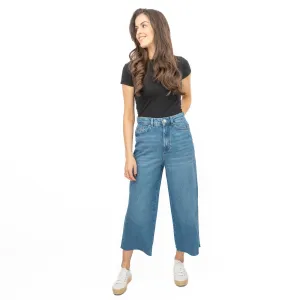 M&S Womens Cropped Jeans Wide Leg High Waist Raw Hem Mid Blue Denim