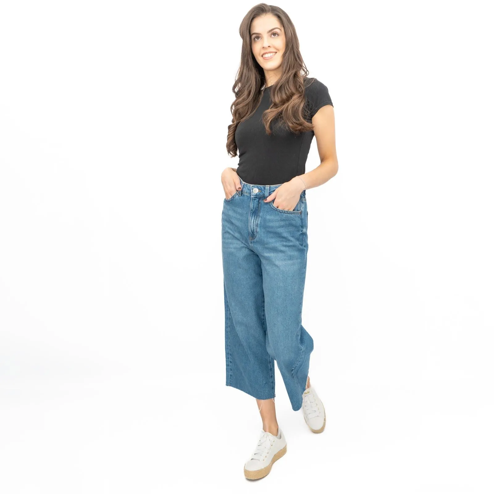 M&S Womens Cropped Jeans Wide Leg High Waist Raw Hem Mid Blue Denim