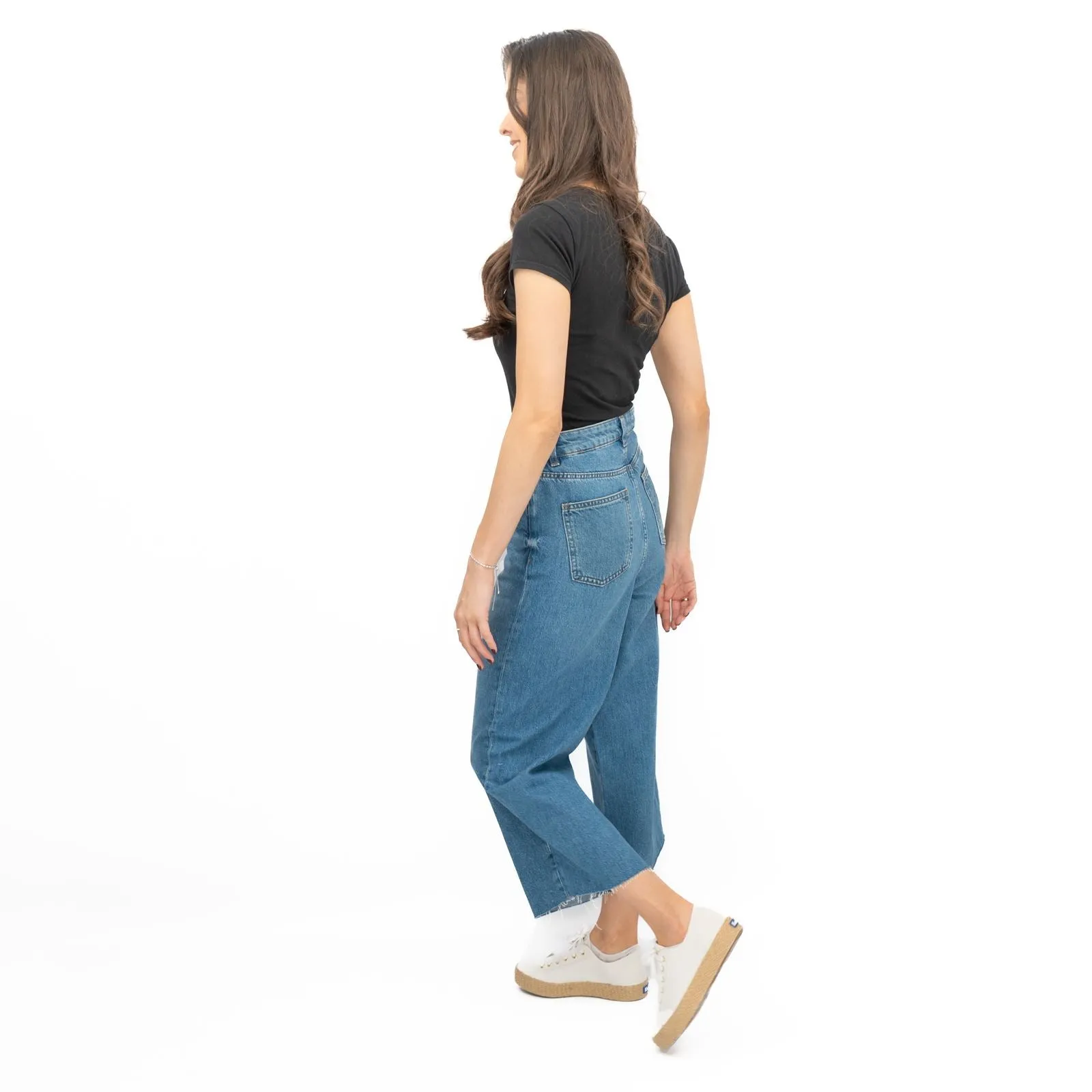 M&S Womens Cropped Jeans Wide Leg High Waist Raw Hem Mid Blue Denim